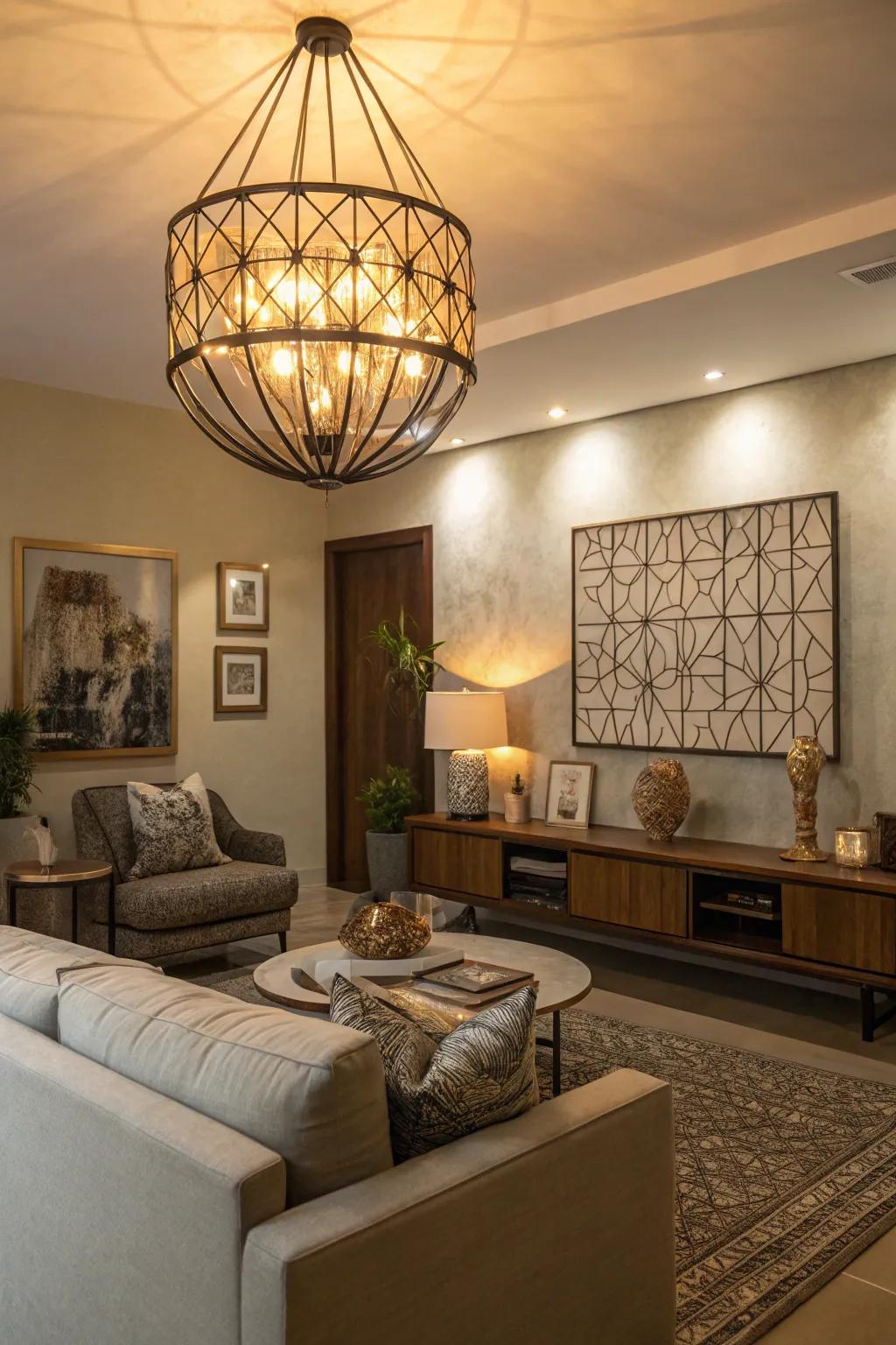 A statement light fixture adds both art and illumination to the modern living room.