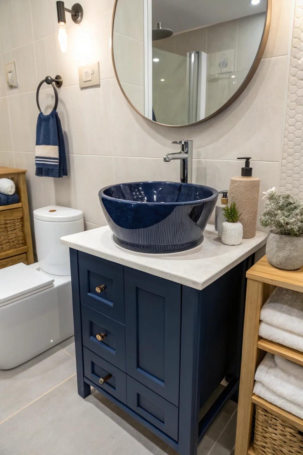 Unique sink designs add character to navy blue bathrooms.