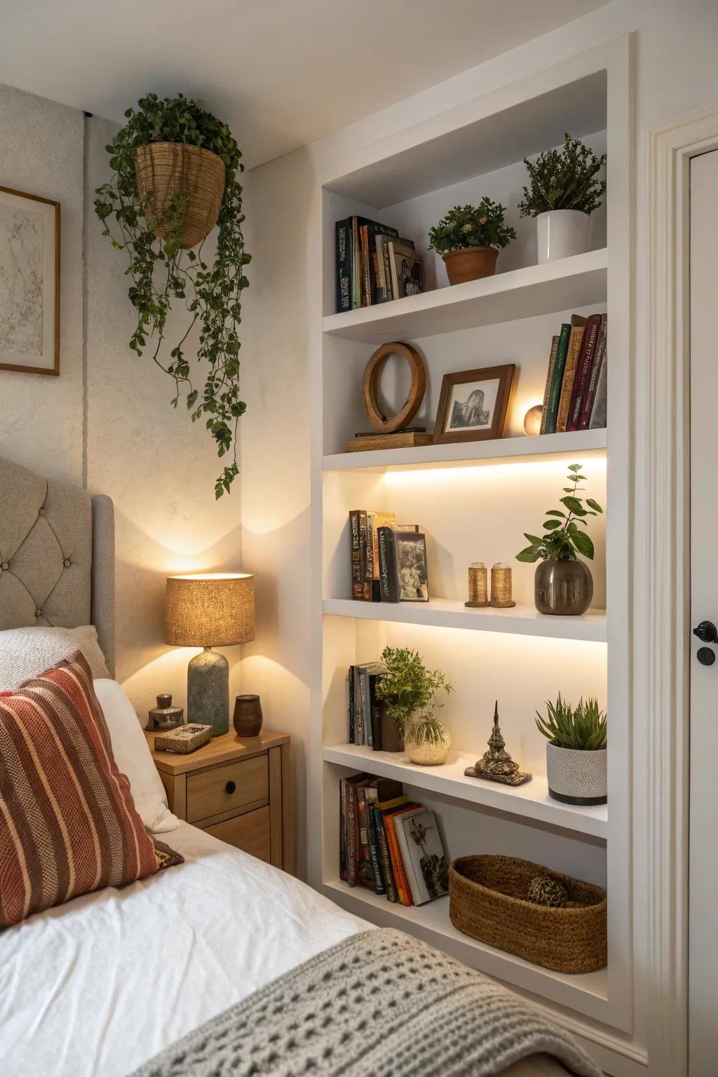 Built-in shelves provide functionality and style in a modern Spanish bedroom.