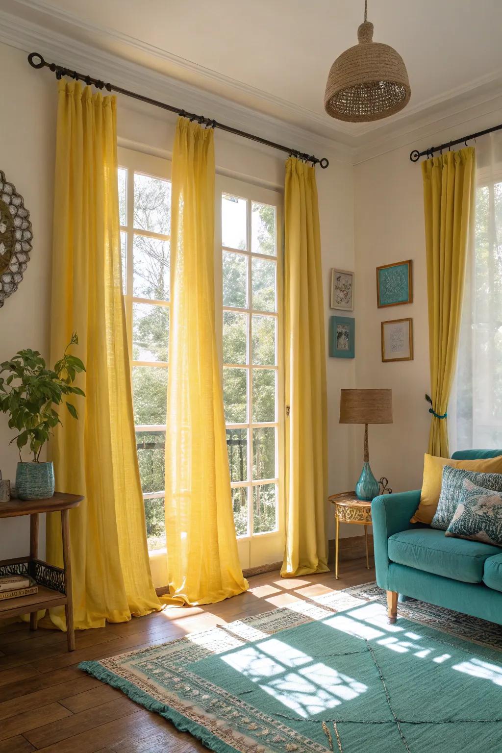 Daffodil curtains enhance natural light and warmth.