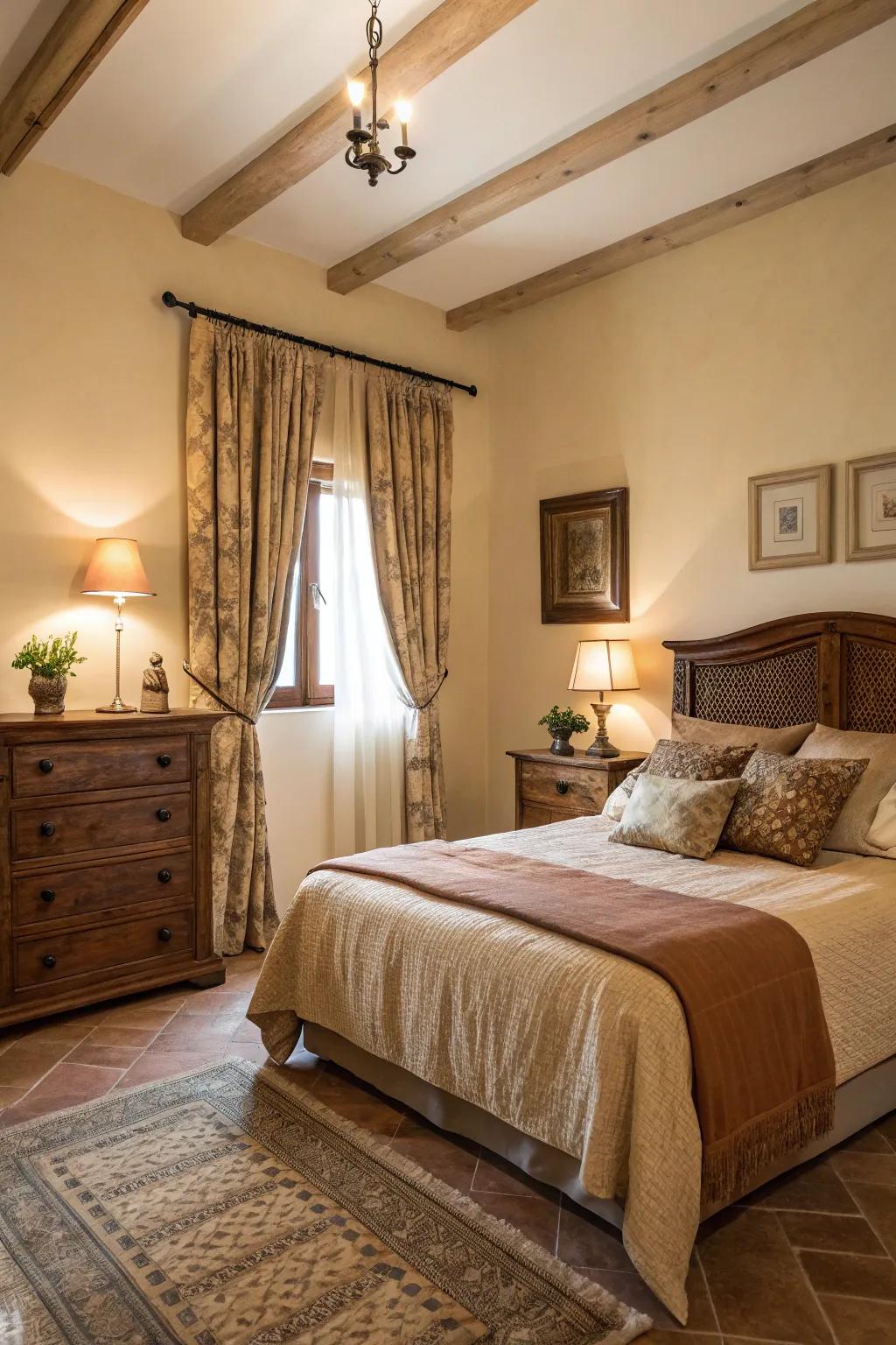 A bedroom with earth-toned decor and furnishings.