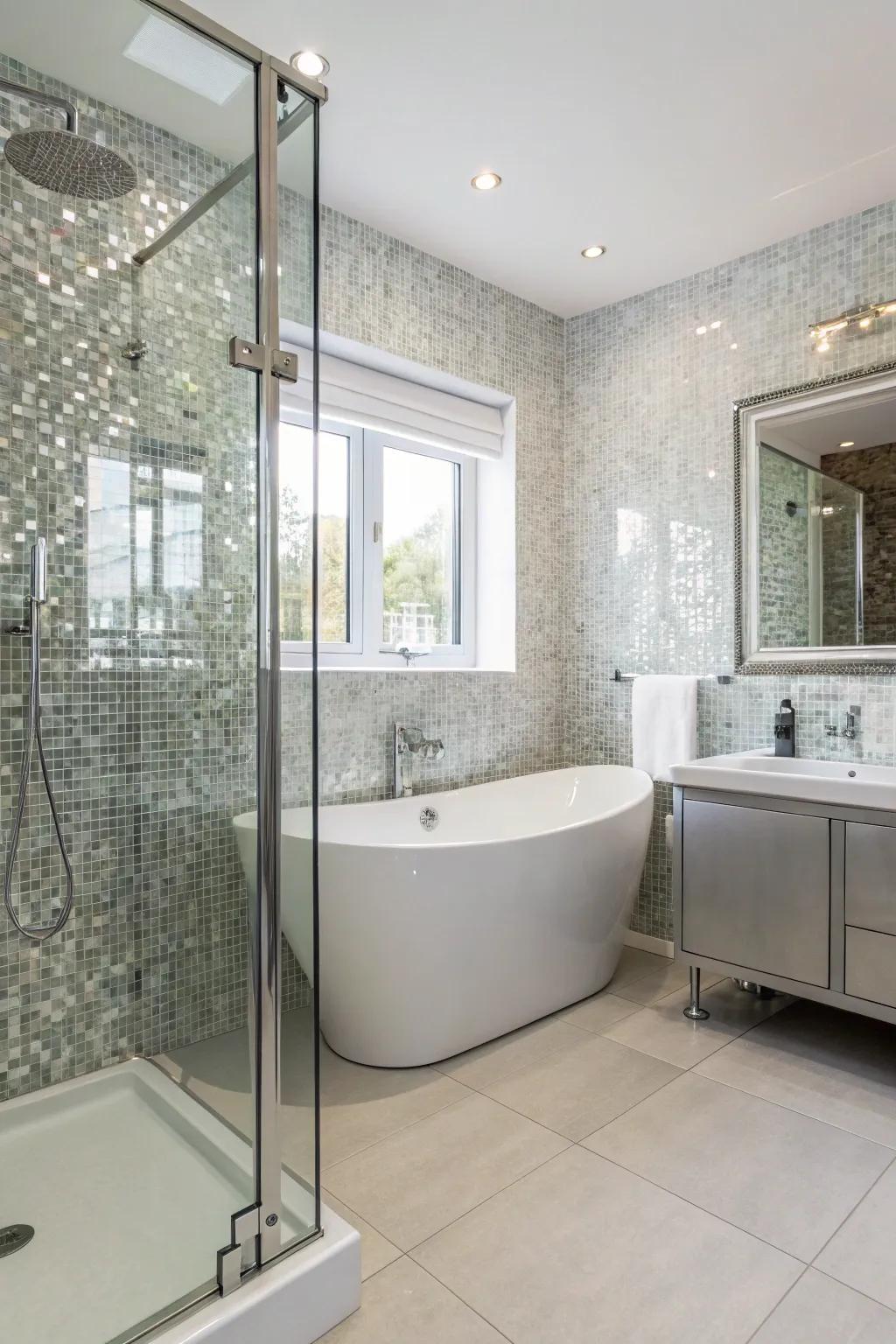 A sleek bathroom featuring reflective glass mosaic tiles.