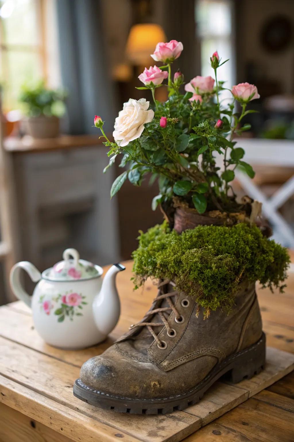 Quirky upcycled planters host vibrant moss roses.