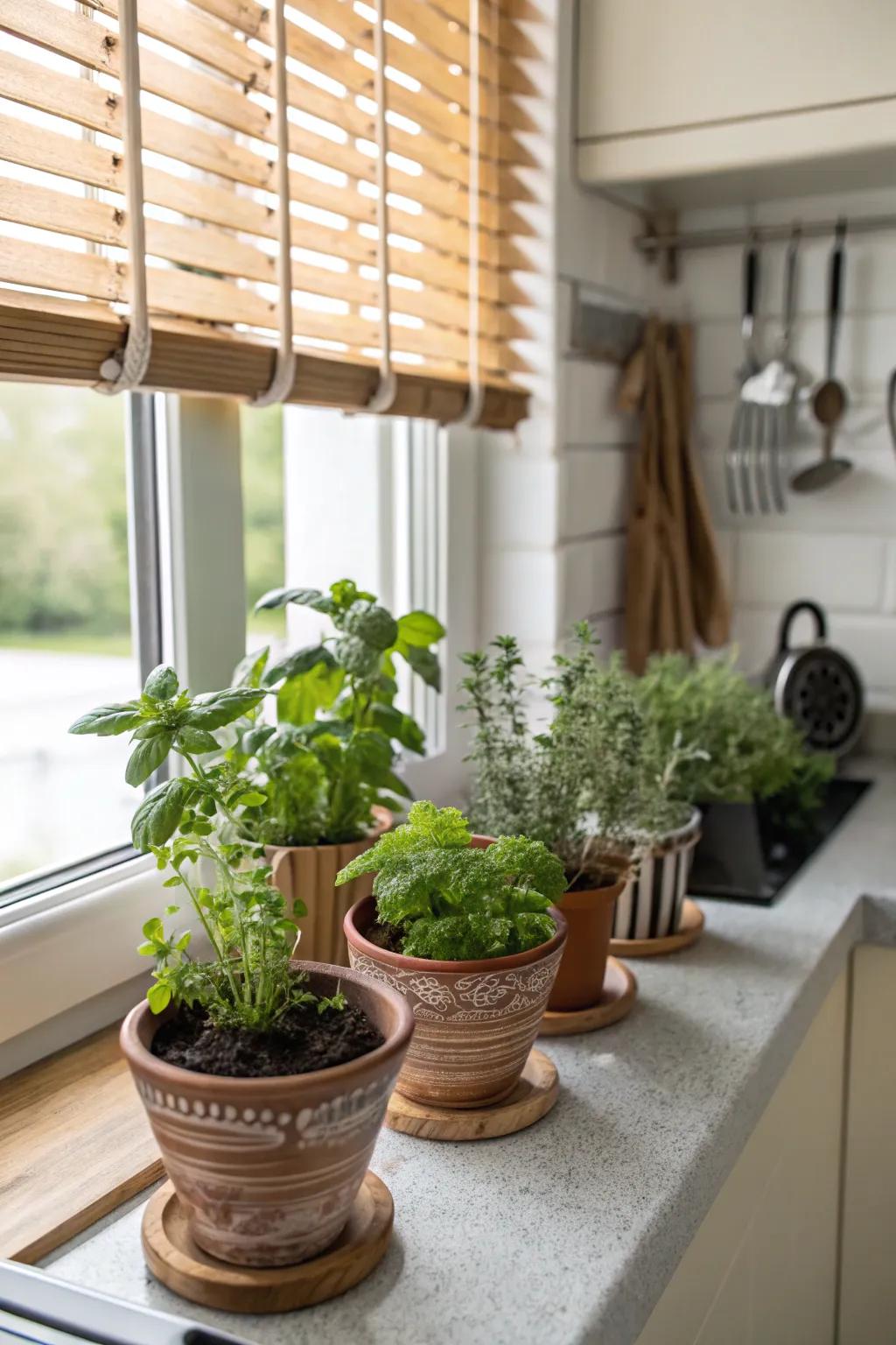 A DIY herb garden adds greenery and fresh flavors to the kitchen.