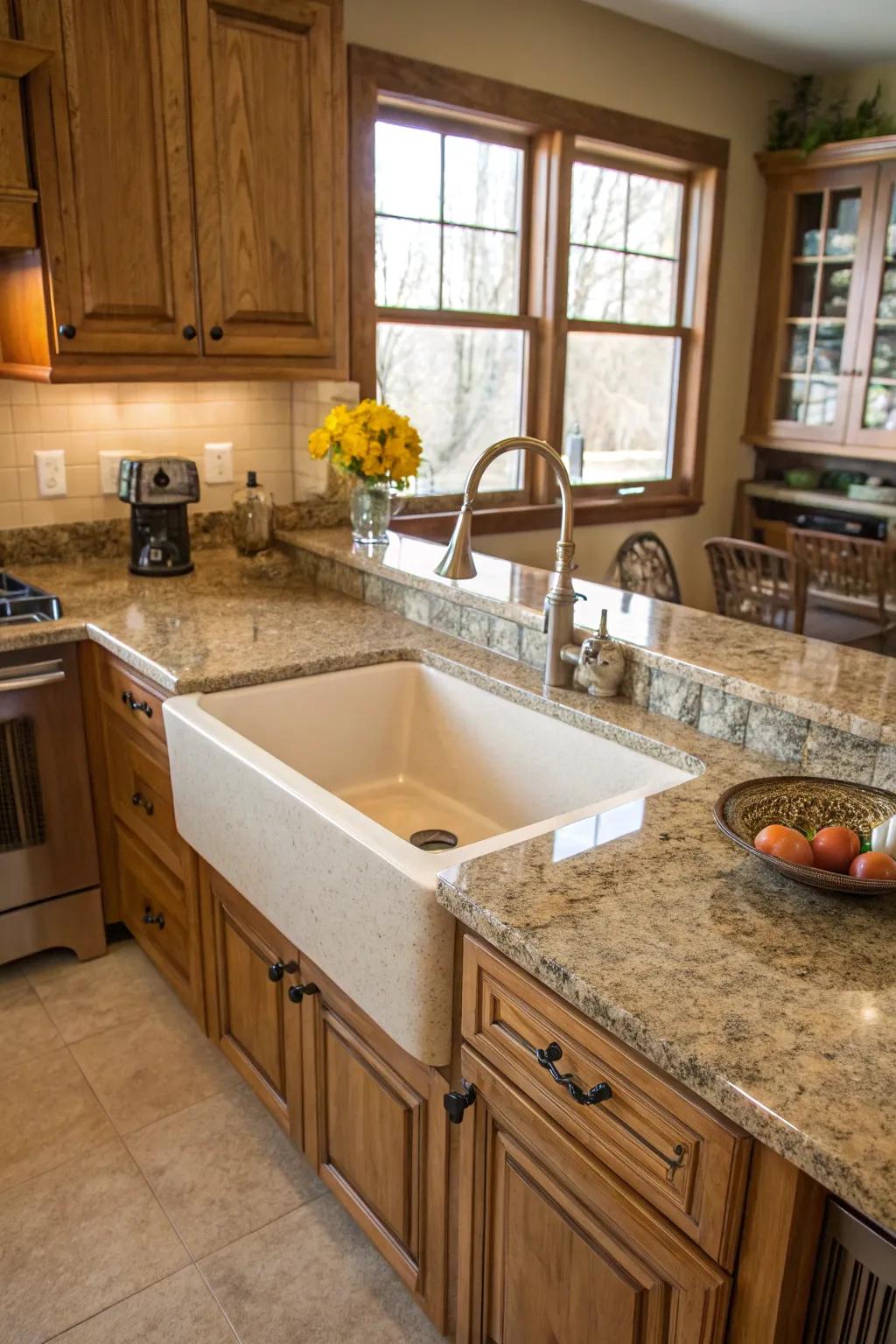 The farmhouse sink combines elegance with practicality in this kitchen.