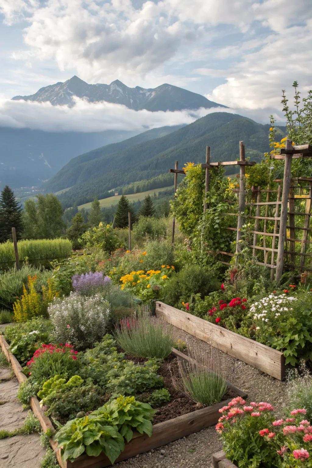 A diverse planting bed showcasing textures and colors in a mountain garden.