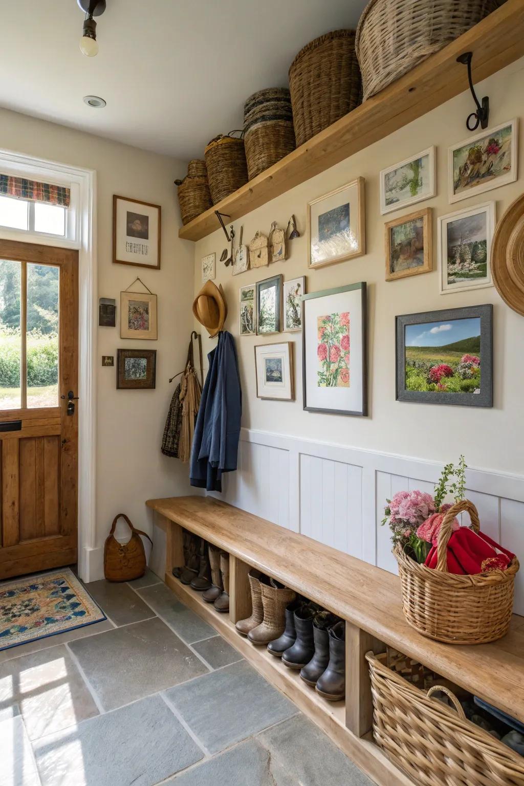 A mudroom enhanced with artwork and decorative elements for a personal touch.