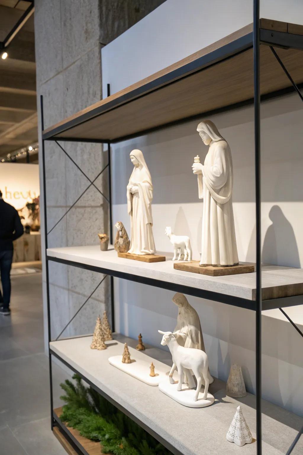 A minimalist nativity setup on a sleek floating shelf.