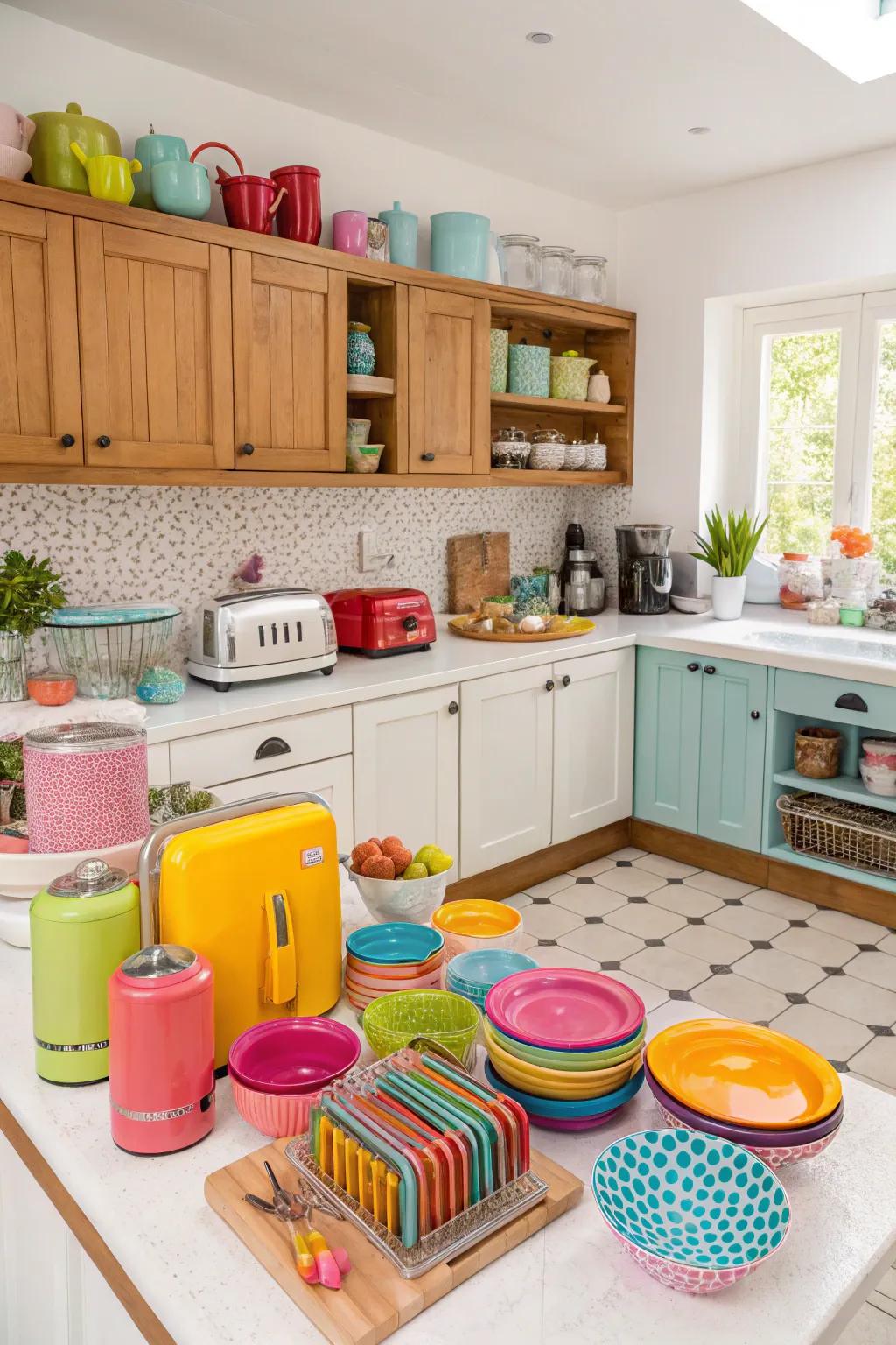 A lively kitchen with pops of color.