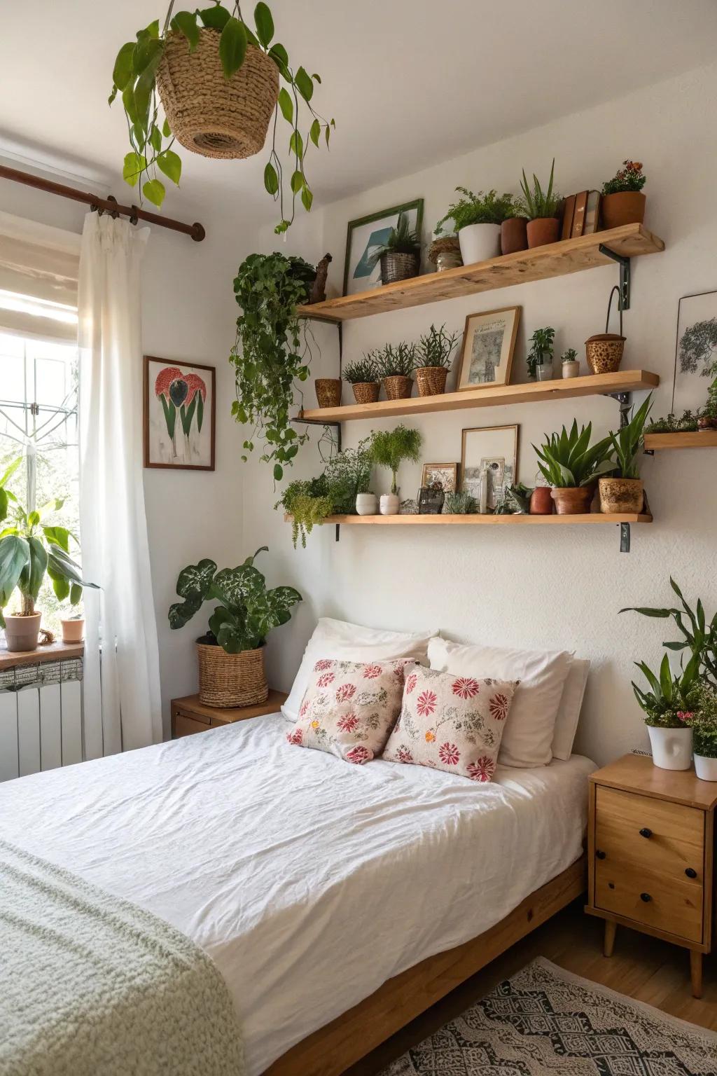 Shelves with greenery bring freshness and vibrancy to the bedroom.