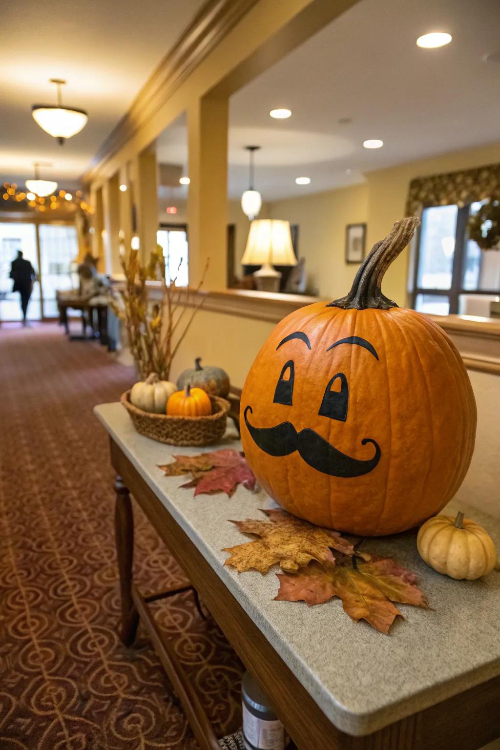 A humorous mustache provides this decorative gourd a whimsical touch.