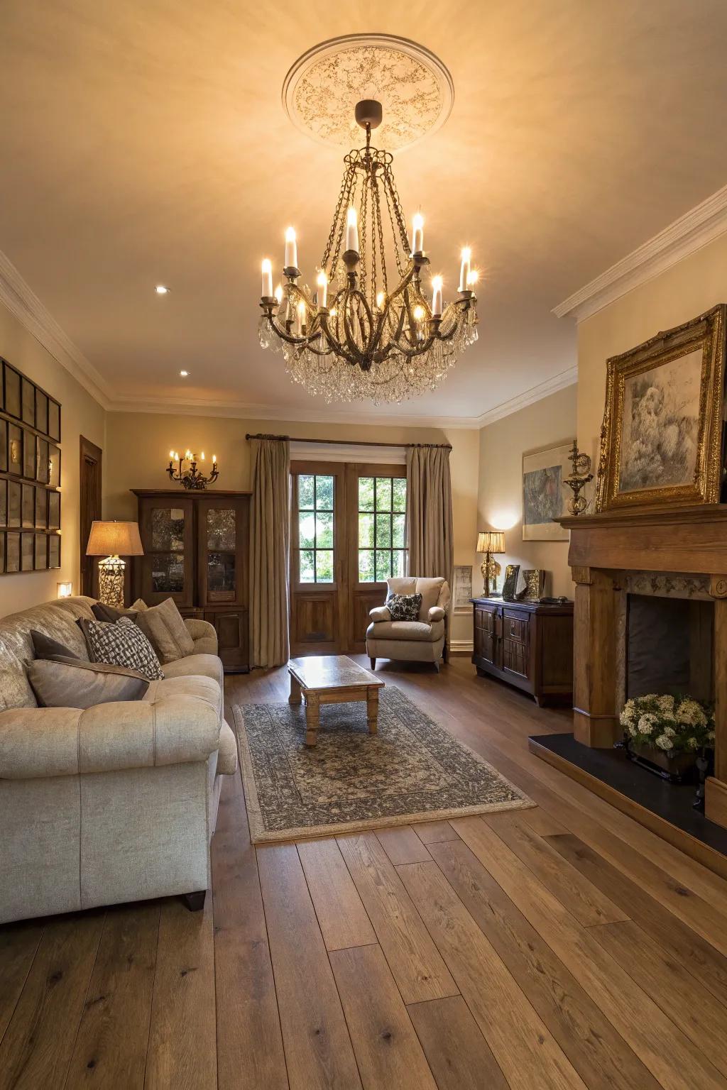 Statement lighting adds drama and elegance to oak floors.