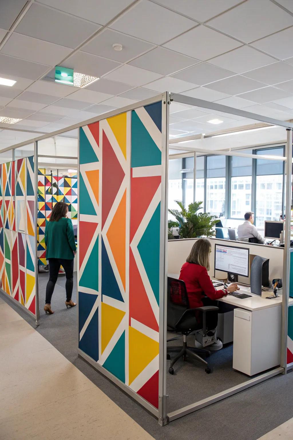 Geometric patterns add a bold, modern edge to office dividers.