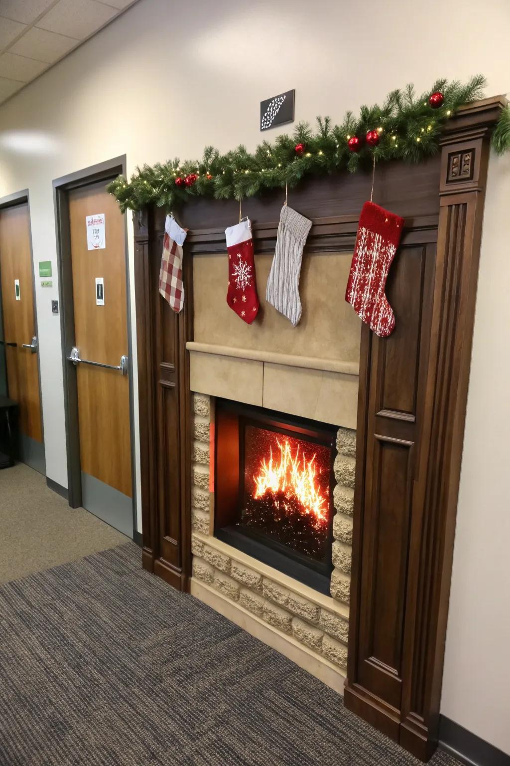 A warm fireplace scene brings coziness to your workplace.