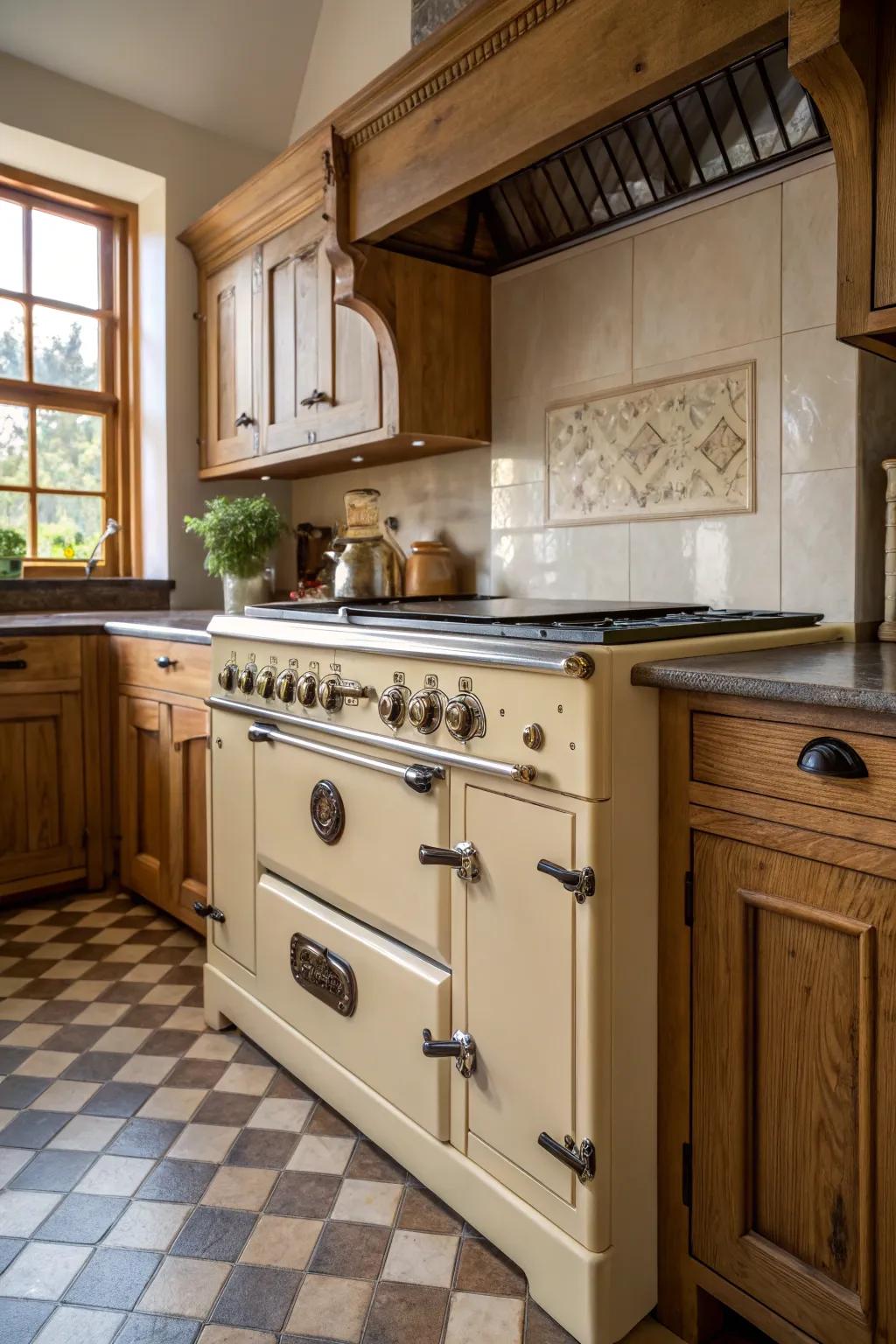 A vintage range provides a focal attraction with old-world charm.