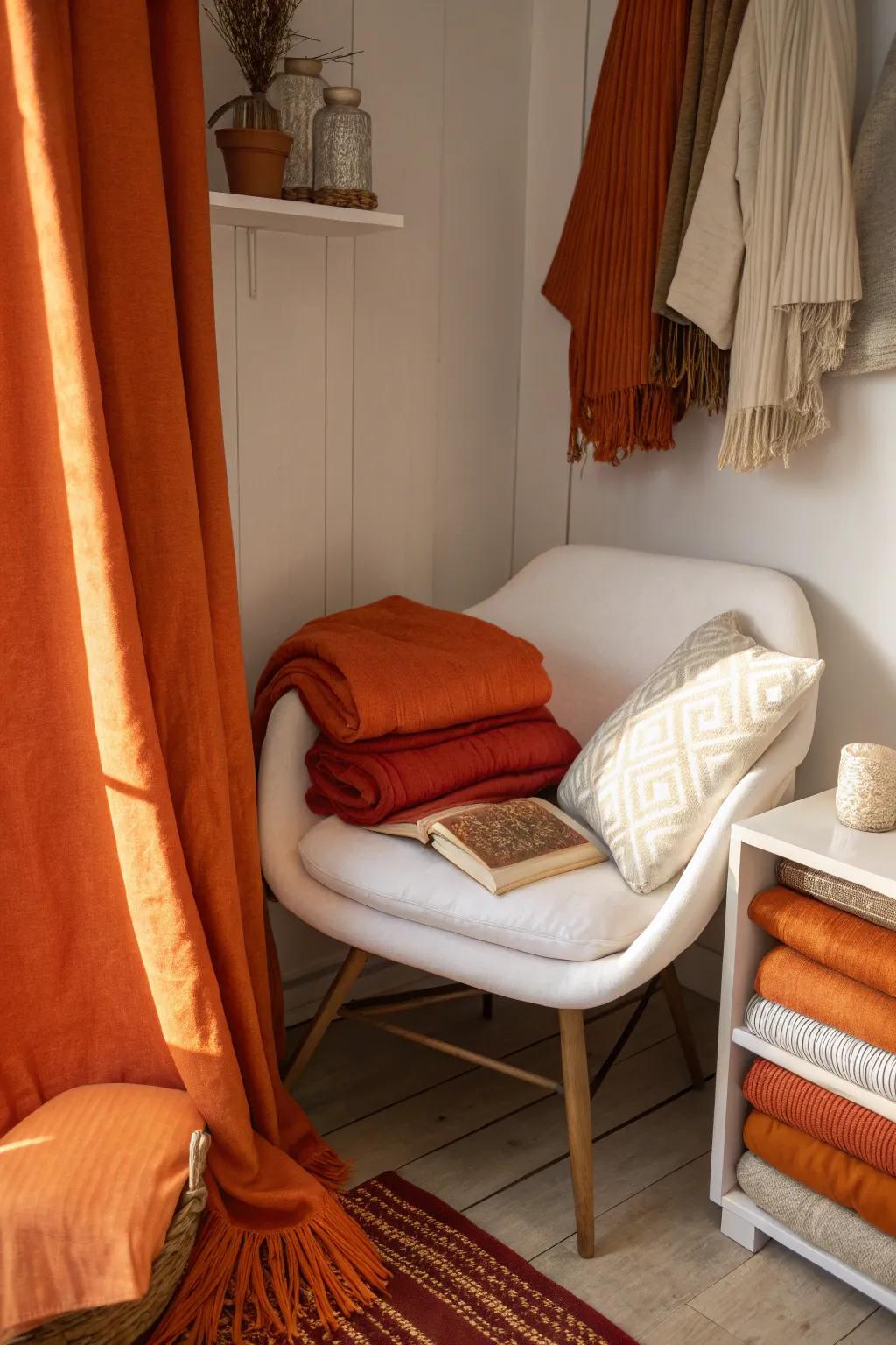 Layered orange textures that create a cozy and inviting reading nook.
