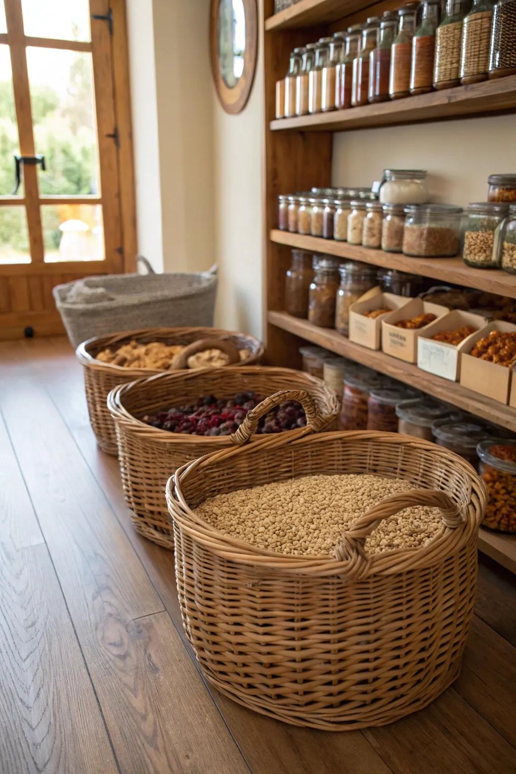 Large floor baskets in a pantry provide storage for bulk items and easy access.