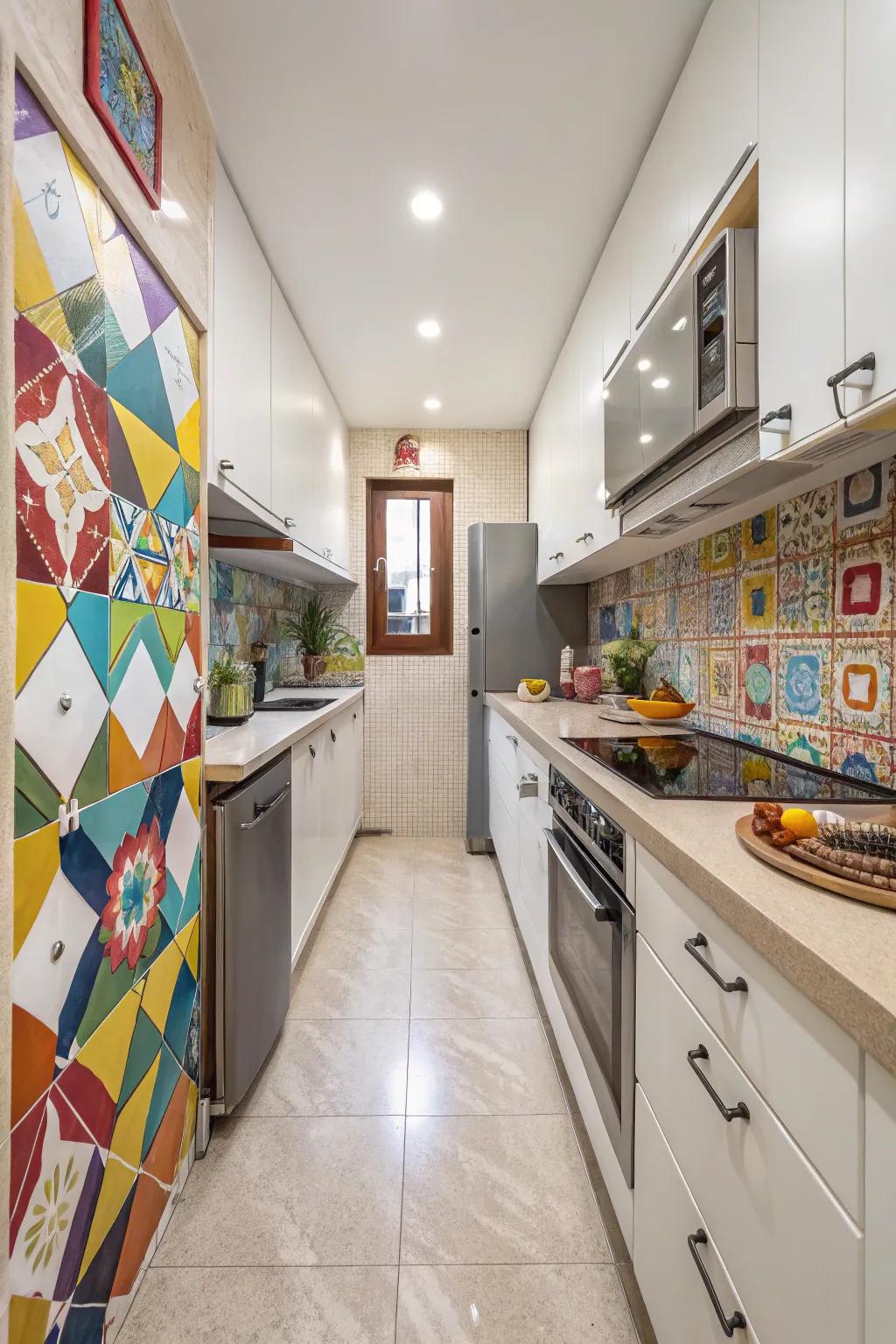 A vibrant backsplash adds a pop of color.