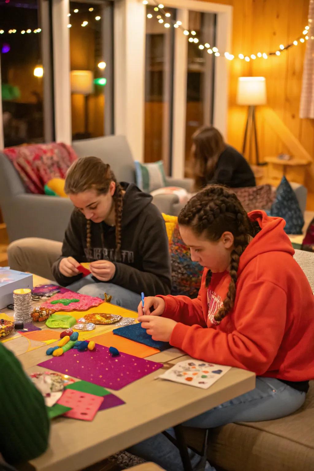 Teens creating unique crafts during a DIY crafting night.