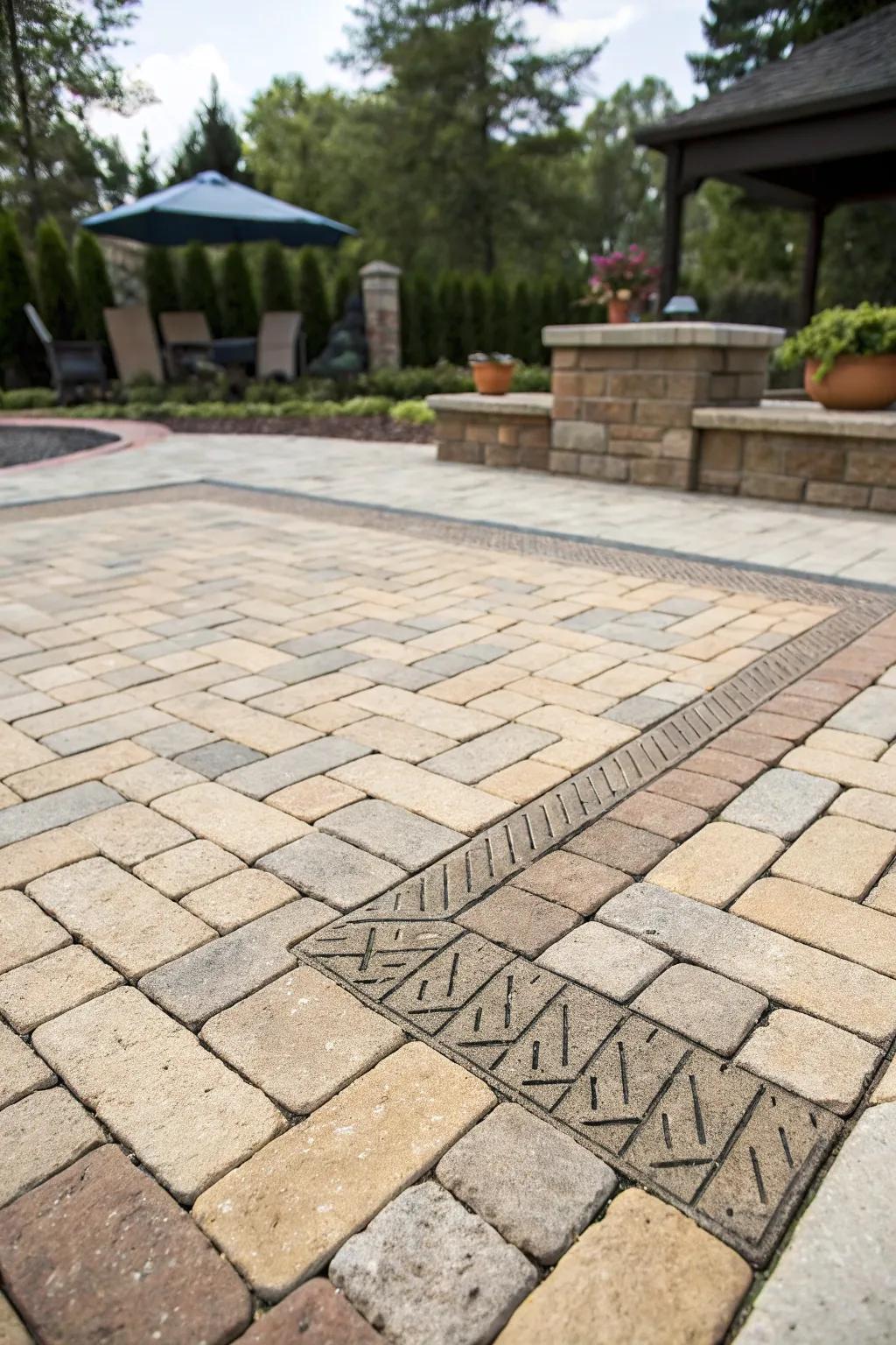 A paver patio featuring a mix of herringbone and basketweave patterns for added interest.