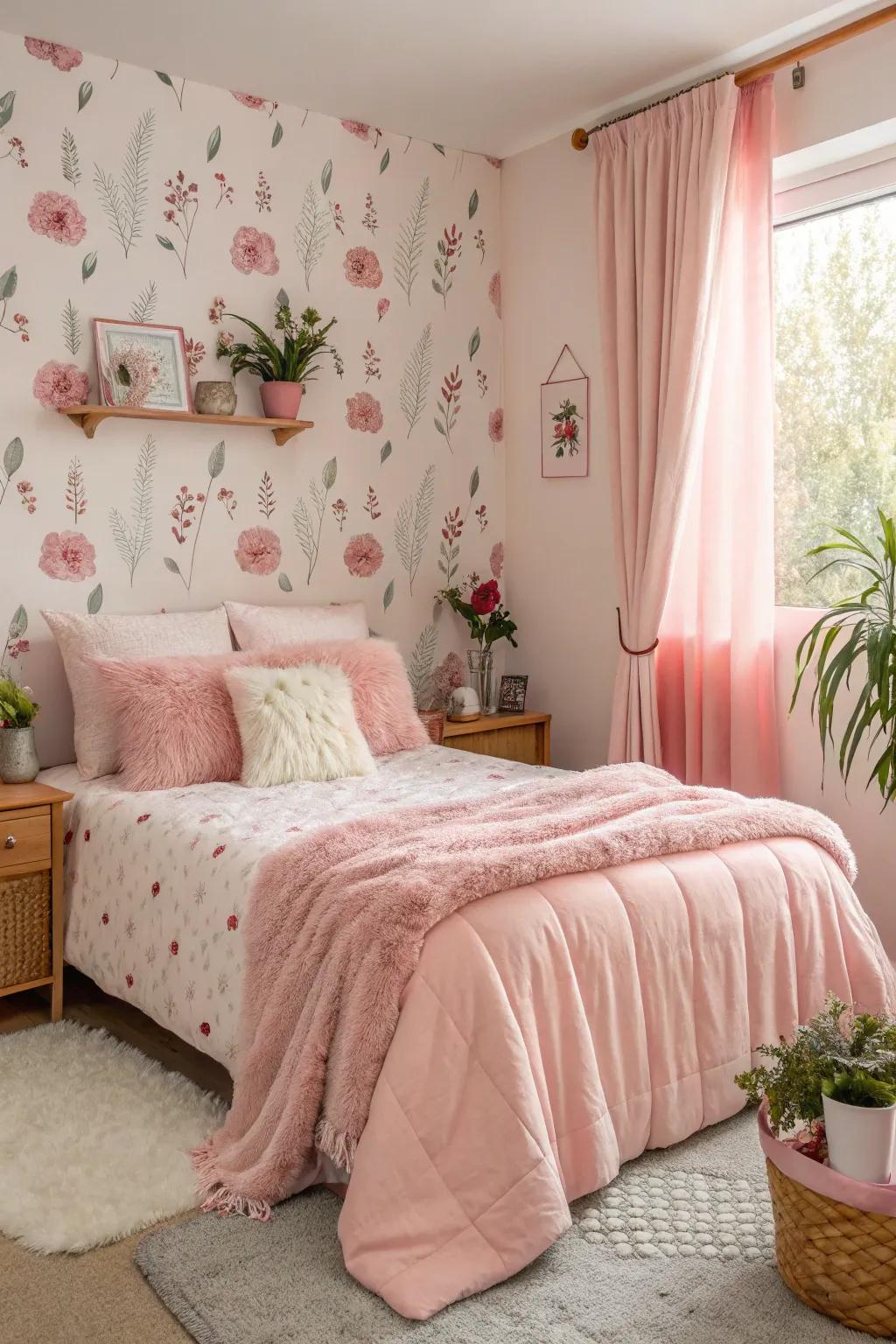 Seasonal pink decor elements add a festive touch to this cozy bedroom.