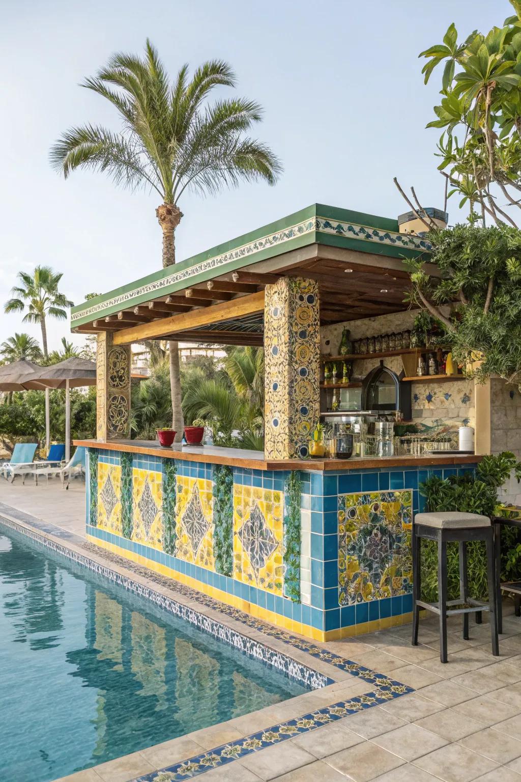 Colorful tiles bring Mediterranean charm to your poolside bar.