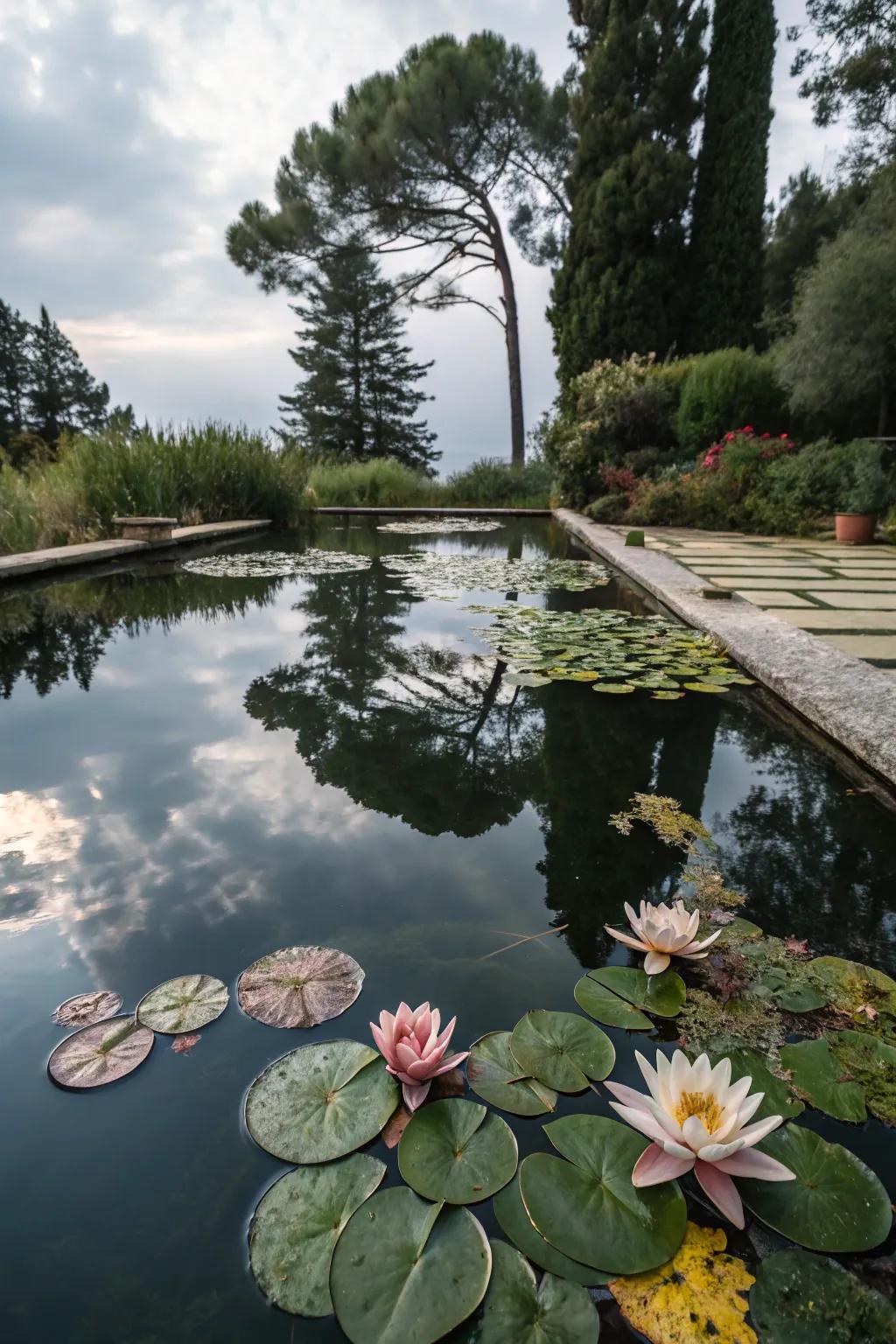 A pool pond showcasing beautiful drifting flora.