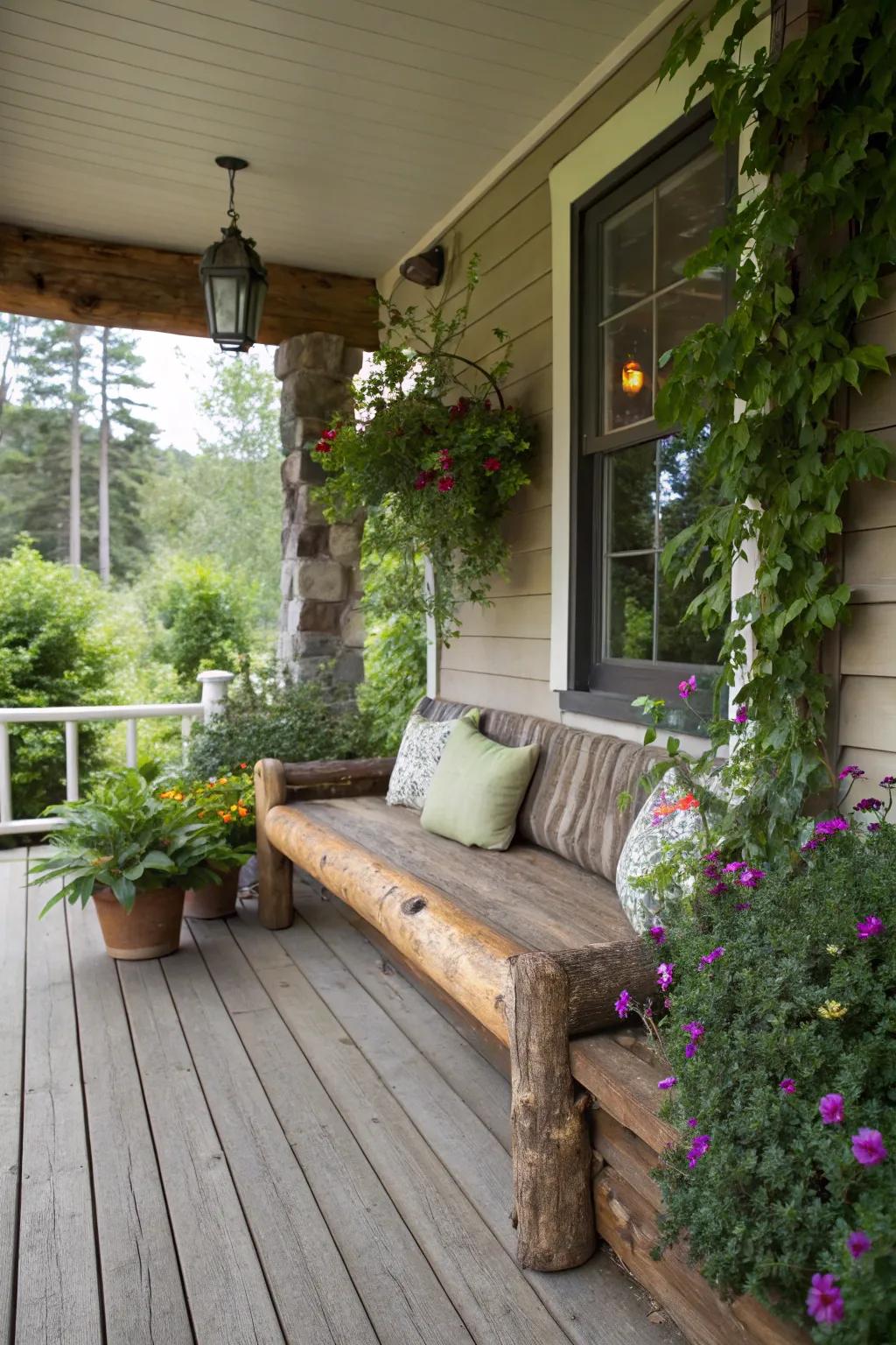 A log bench contributes natural character to the veranda.