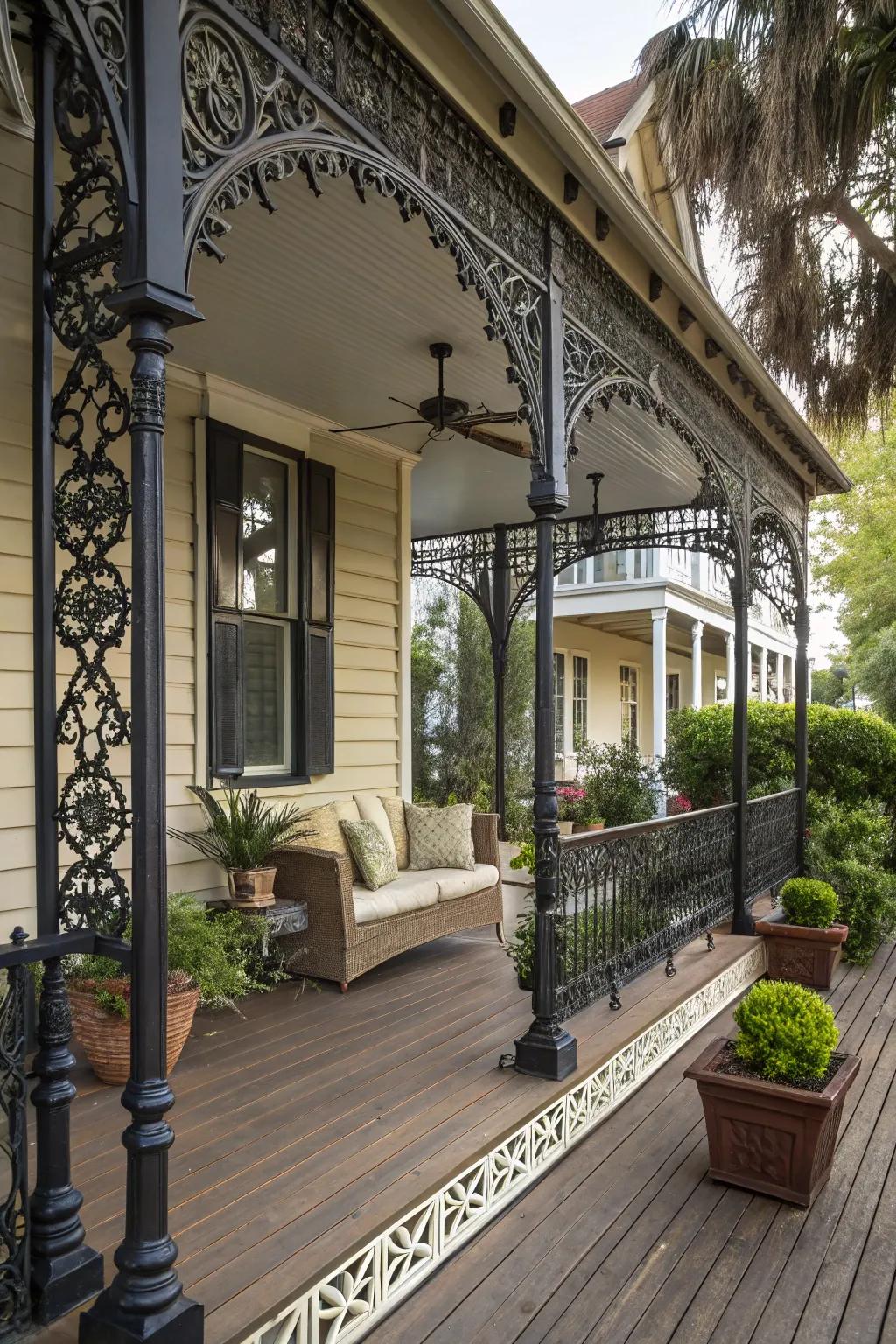 Wrought iron details add classic old-world charm.