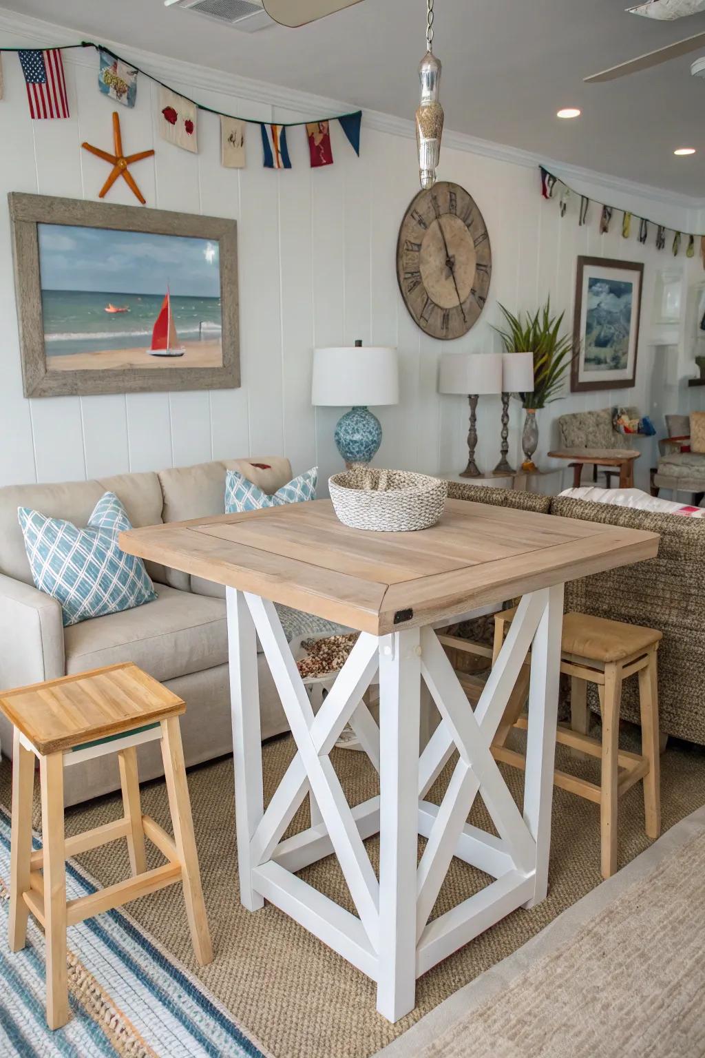 Create a seaside escape with coastal pub tables.