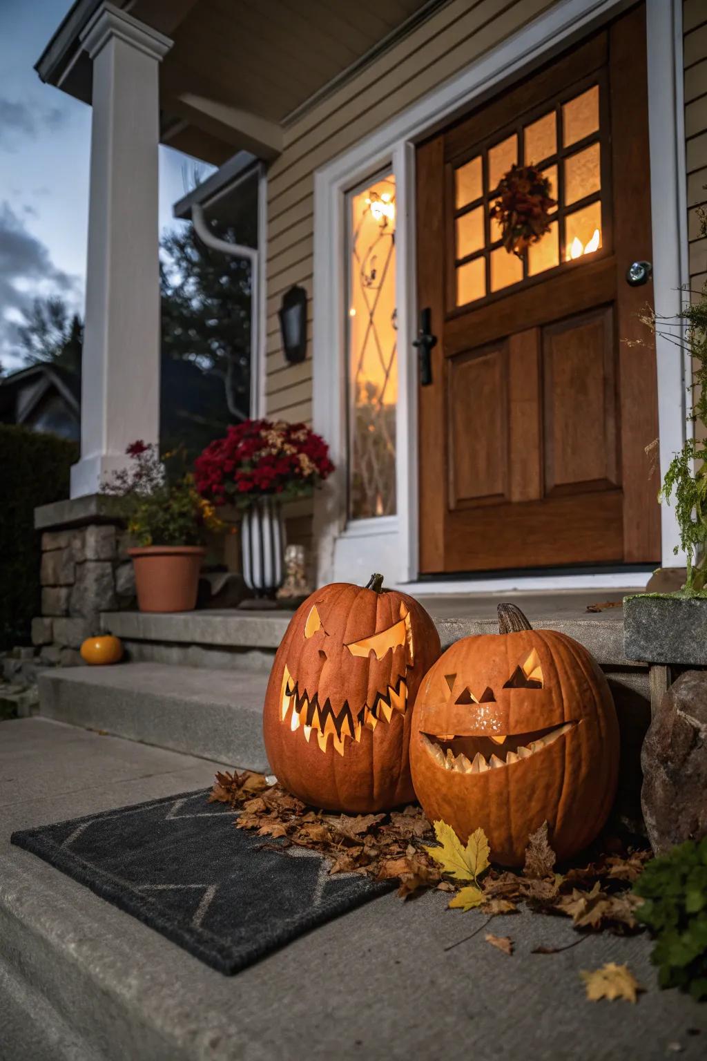 Double mischief pumpkins introduce a playful and eerie ambiance to your Halloween.