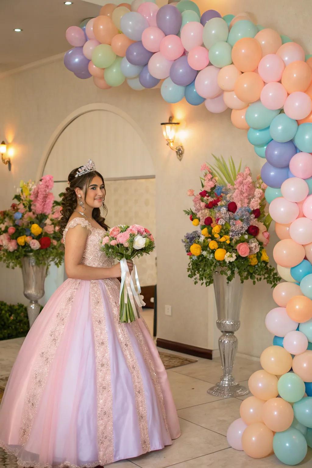 Balloons and flowers create a lush, romantic decor.