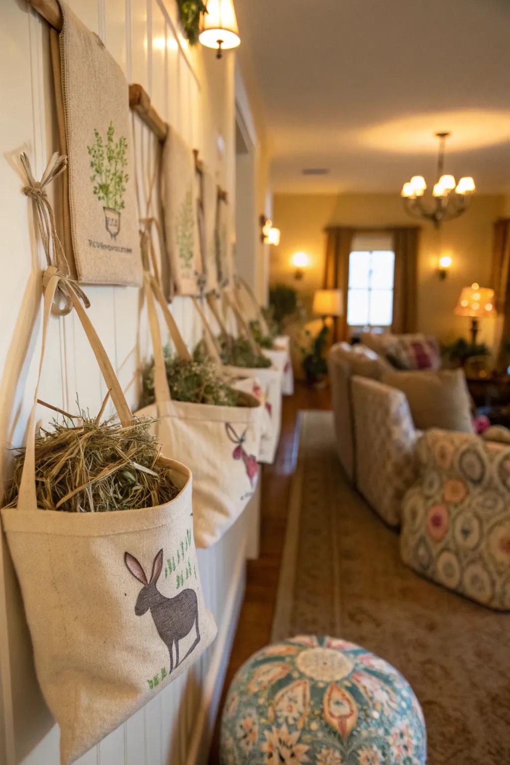 Decorative bags offer a charming solution for hay storage.