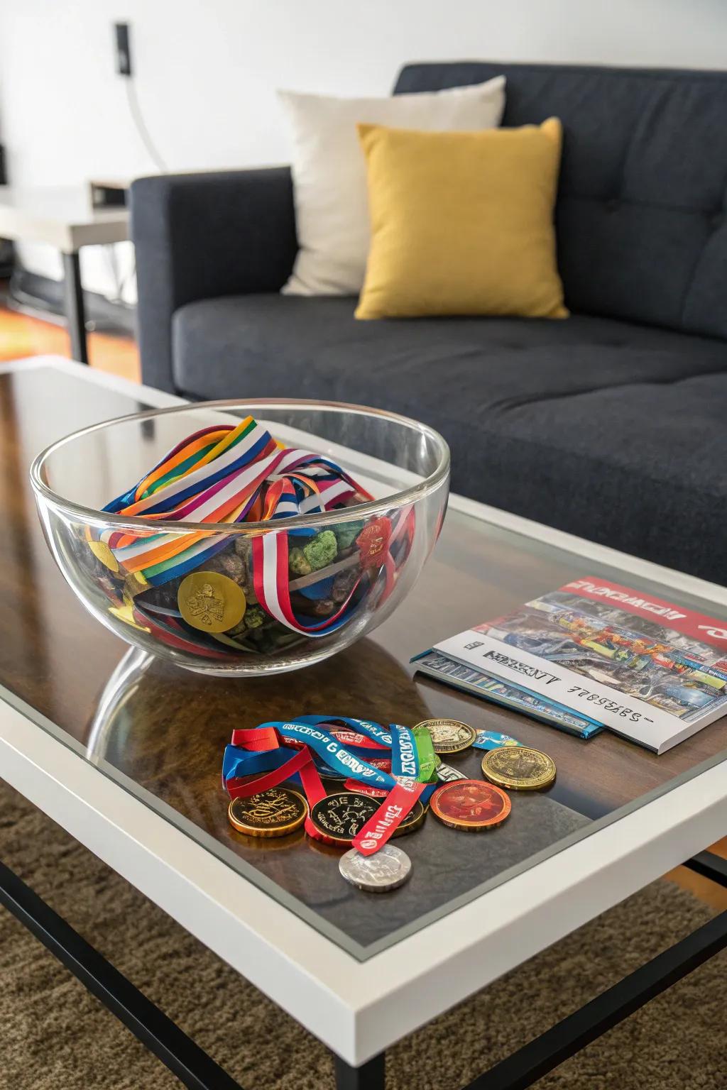 A glass bowl filled with medals adds a casual elegance to your decor.