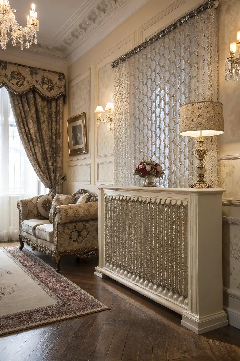 Beaded curtains add a glamorous sparkle to a radiator cover.