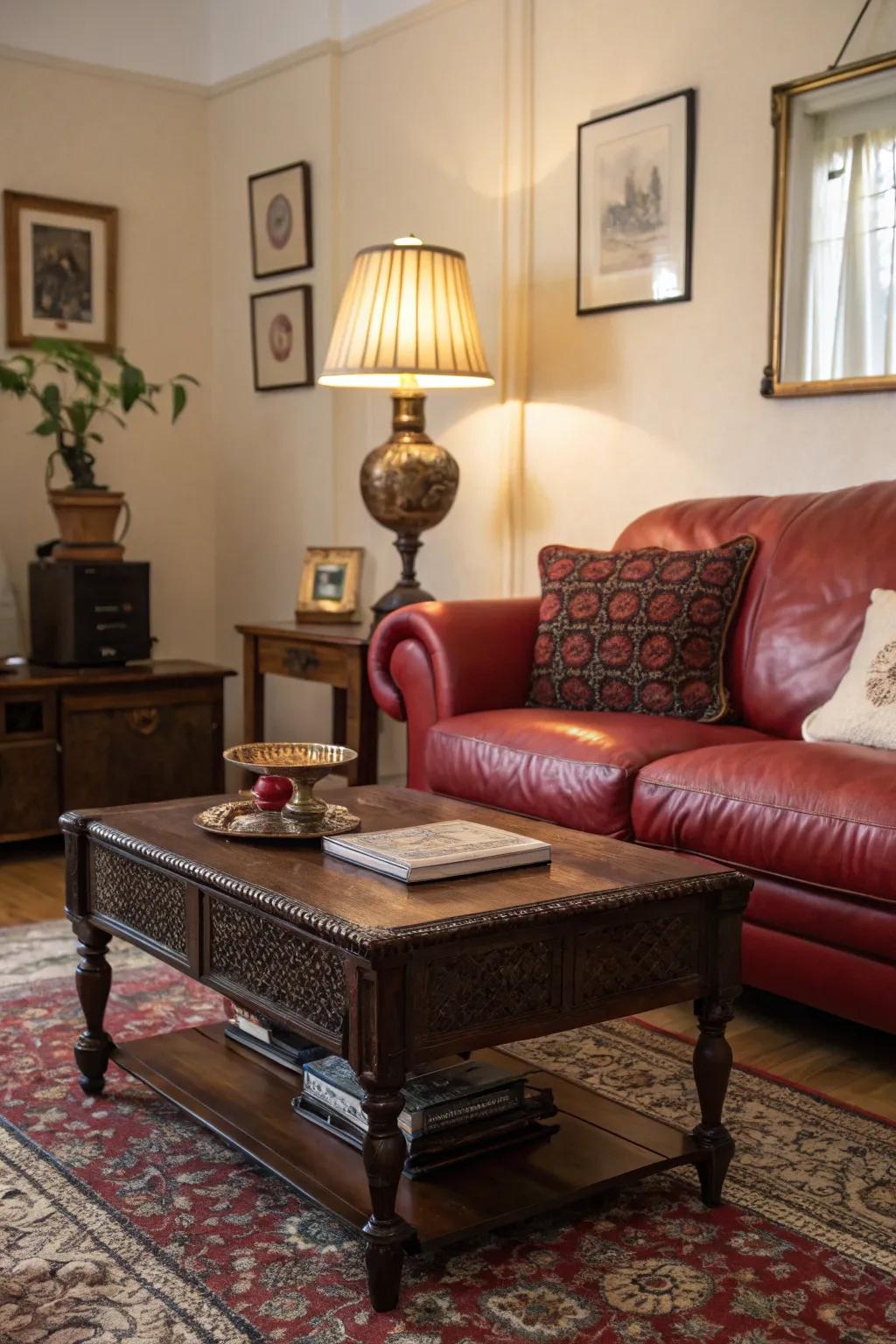 Bygone-era discoveries append persona and warmth to a modern lounge that presents a scarlet hide sofa.