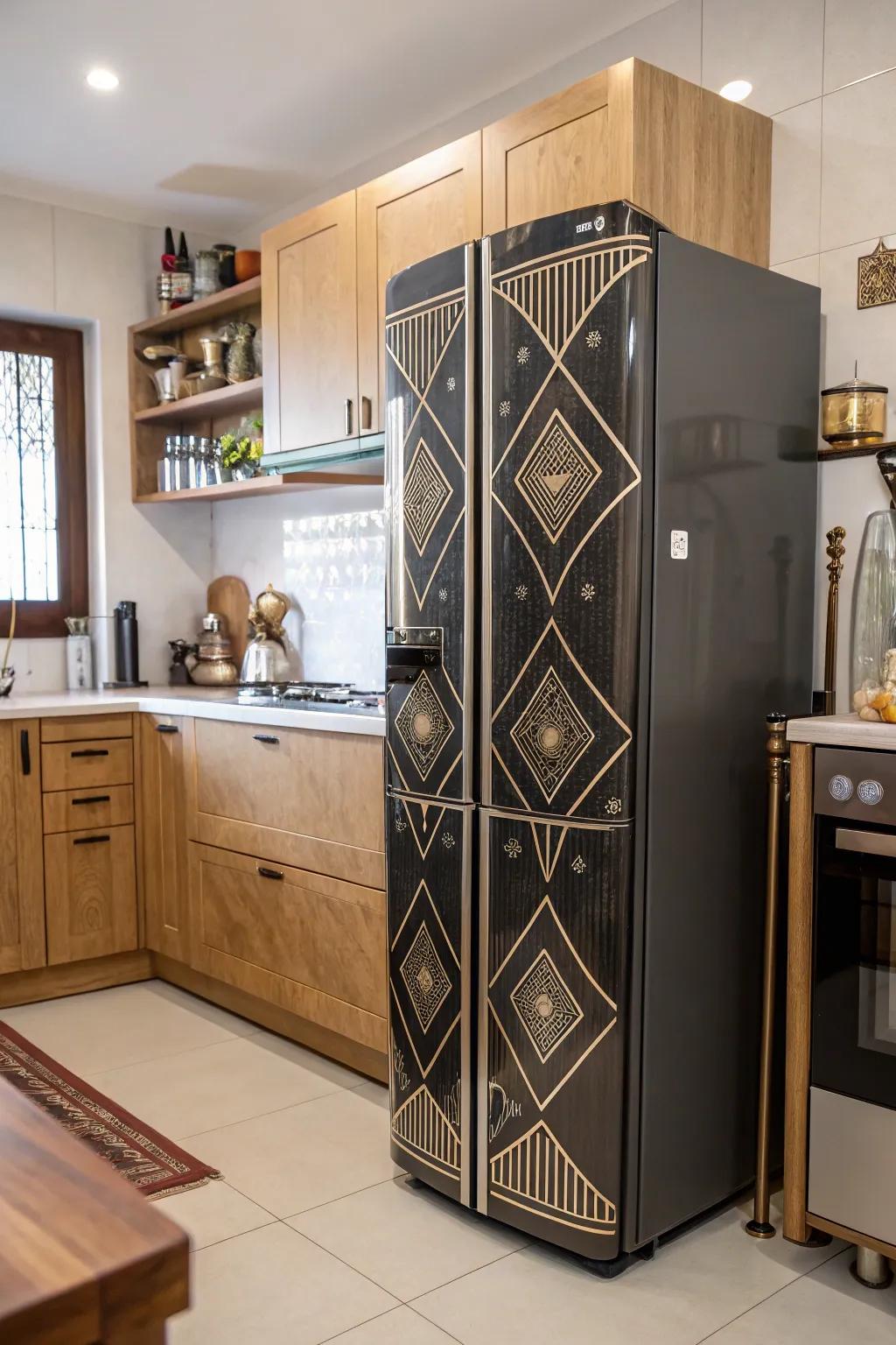A cooking space showcasing an Art Deco-inspired 'ice-box' with geometric design elements.