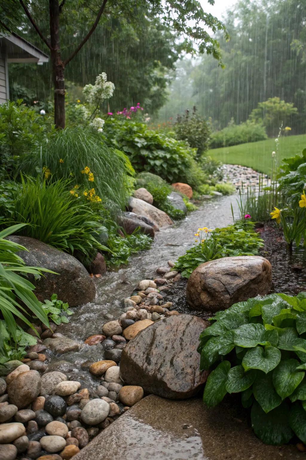 Combine sustainability and style with a river rock rain garden.