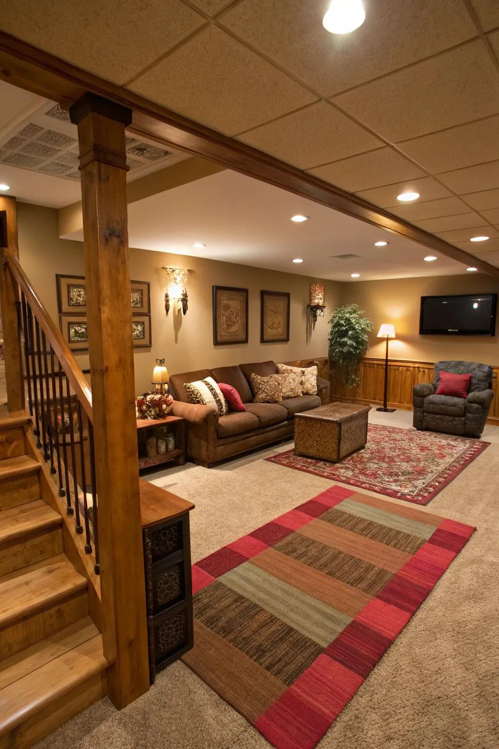 Rugs can effectively define different zones in your basement.