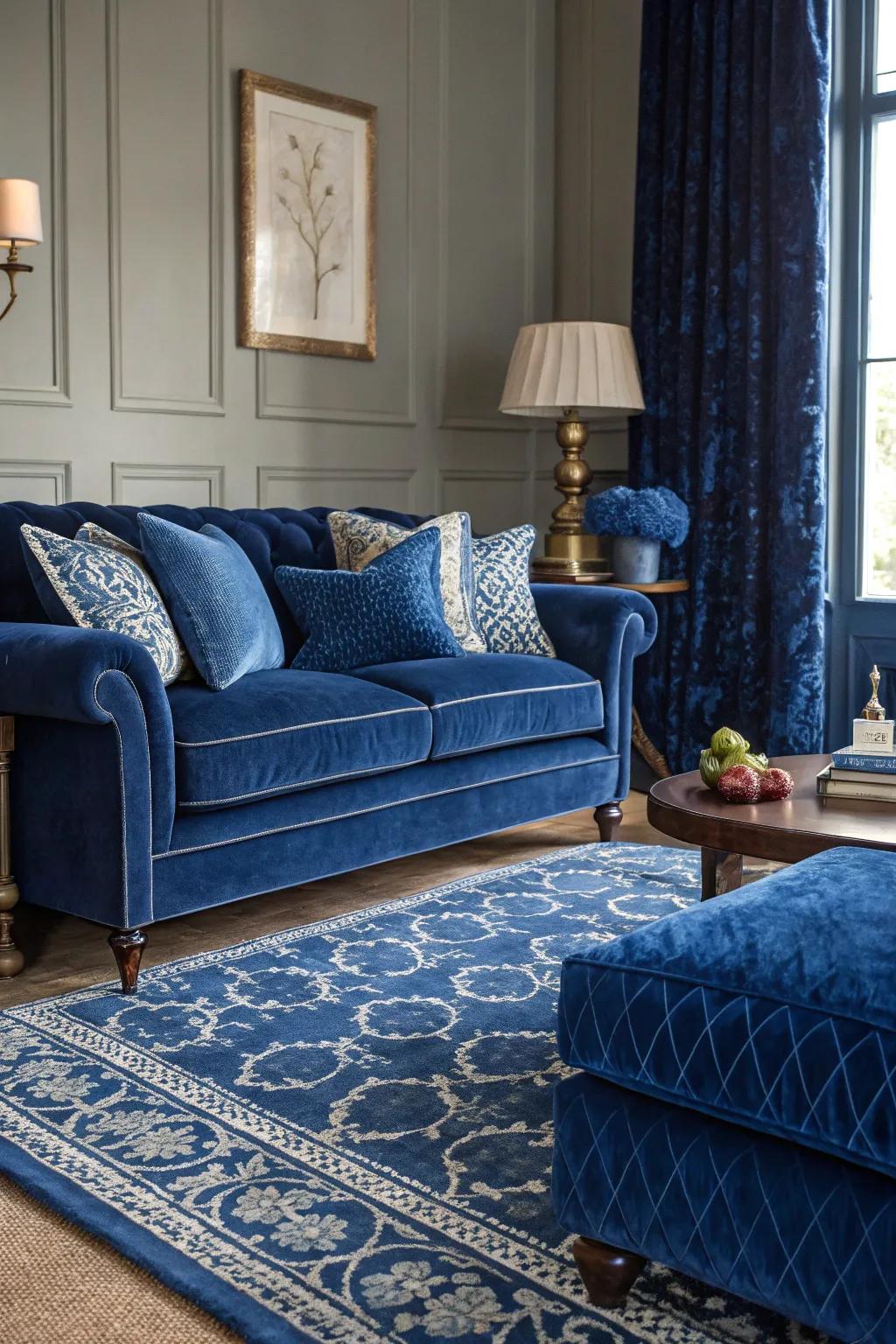 Warm textures like velvet and wool enhance the cozy feel of a sapphire room.