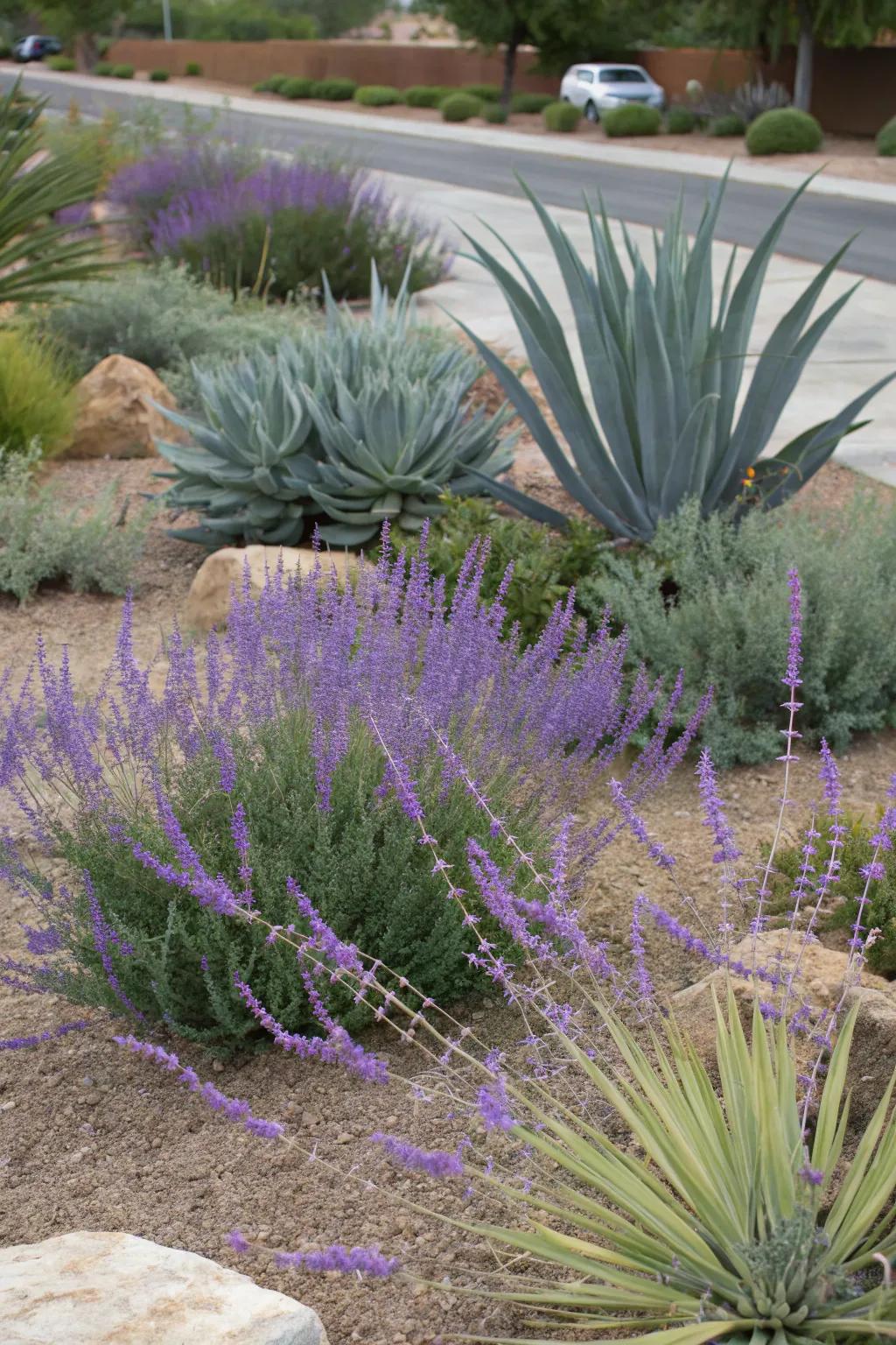 A water-wise garden with Russian sage and agave.