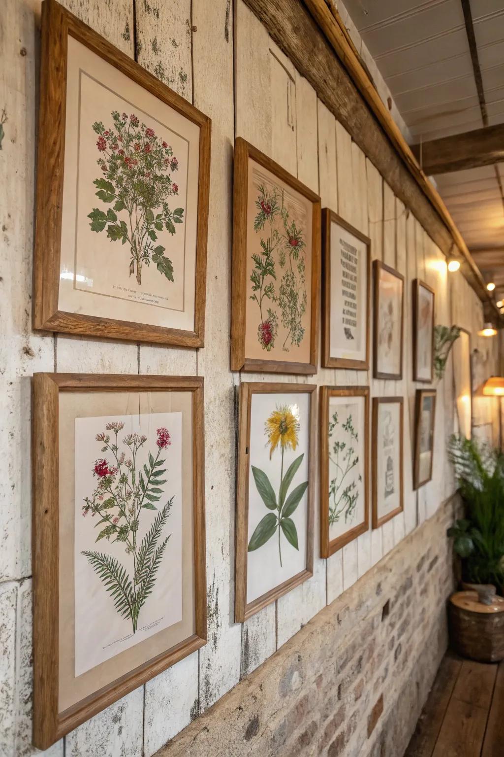 Botanical prints add elegance to rustic decor.