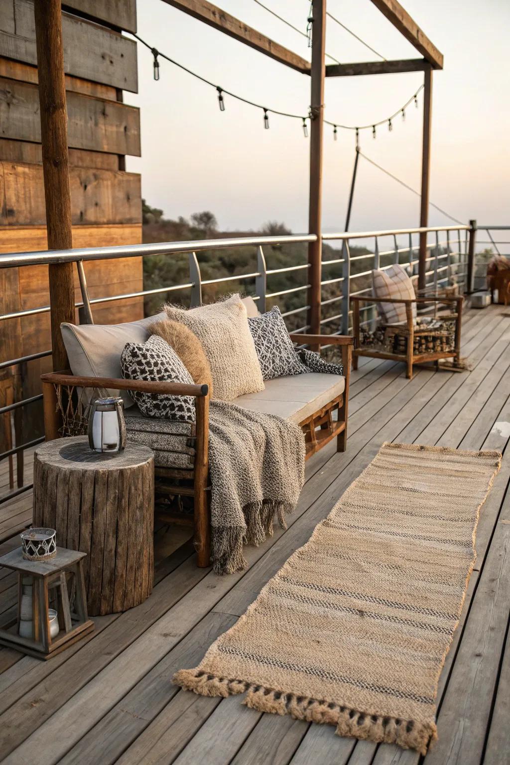 Mixing textures enhances dimension and interest to this country-style veranda.