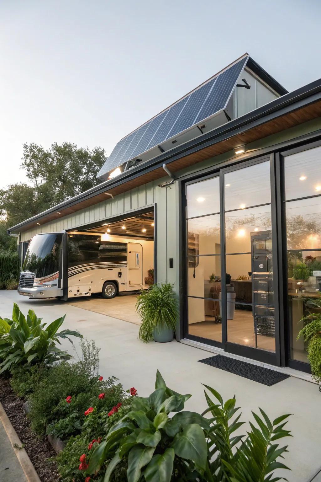 Eco-conscious aspects like solar collectors interwoven into an RV garage blueprint.