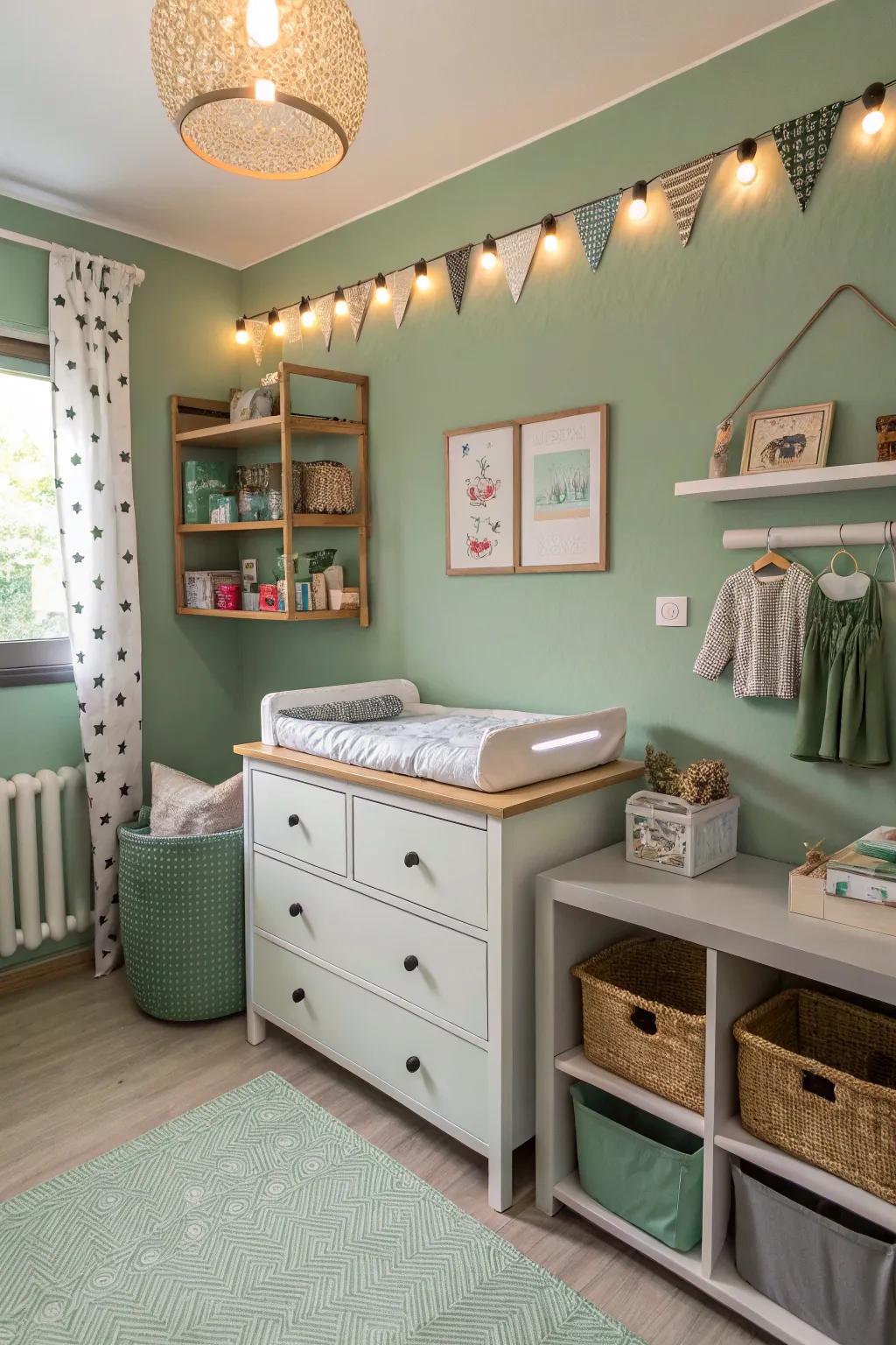 A stylish changing area integrates function and aesthetics in a sage green nursery.