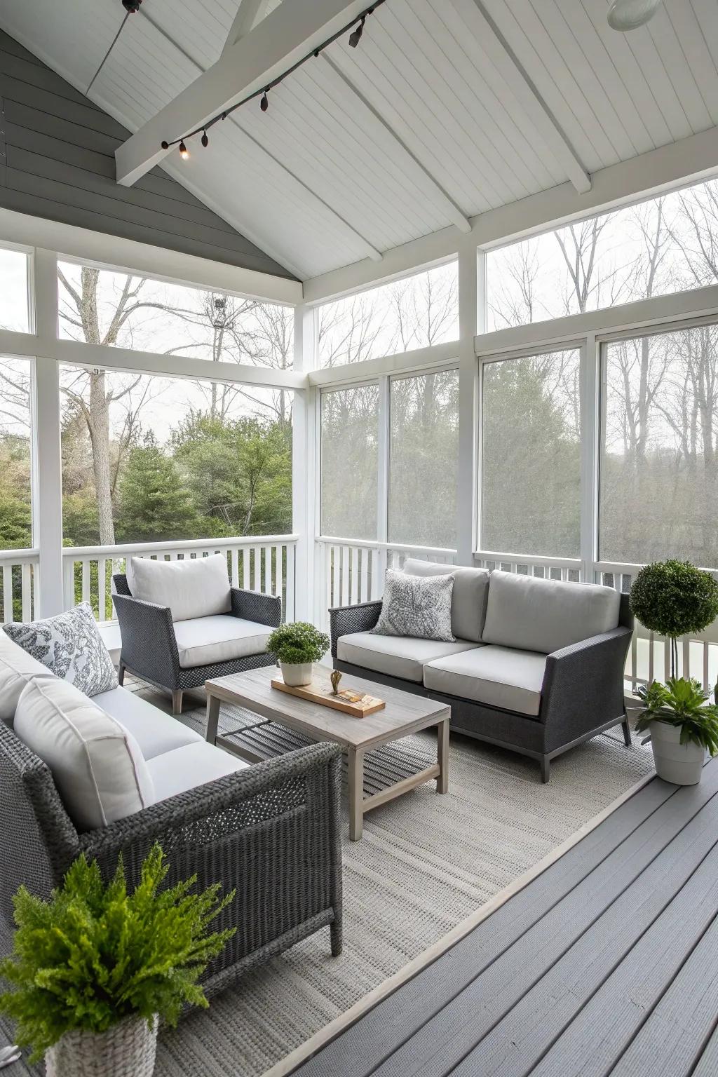 A chic and contemporary porch with a minimalist aesthetic.