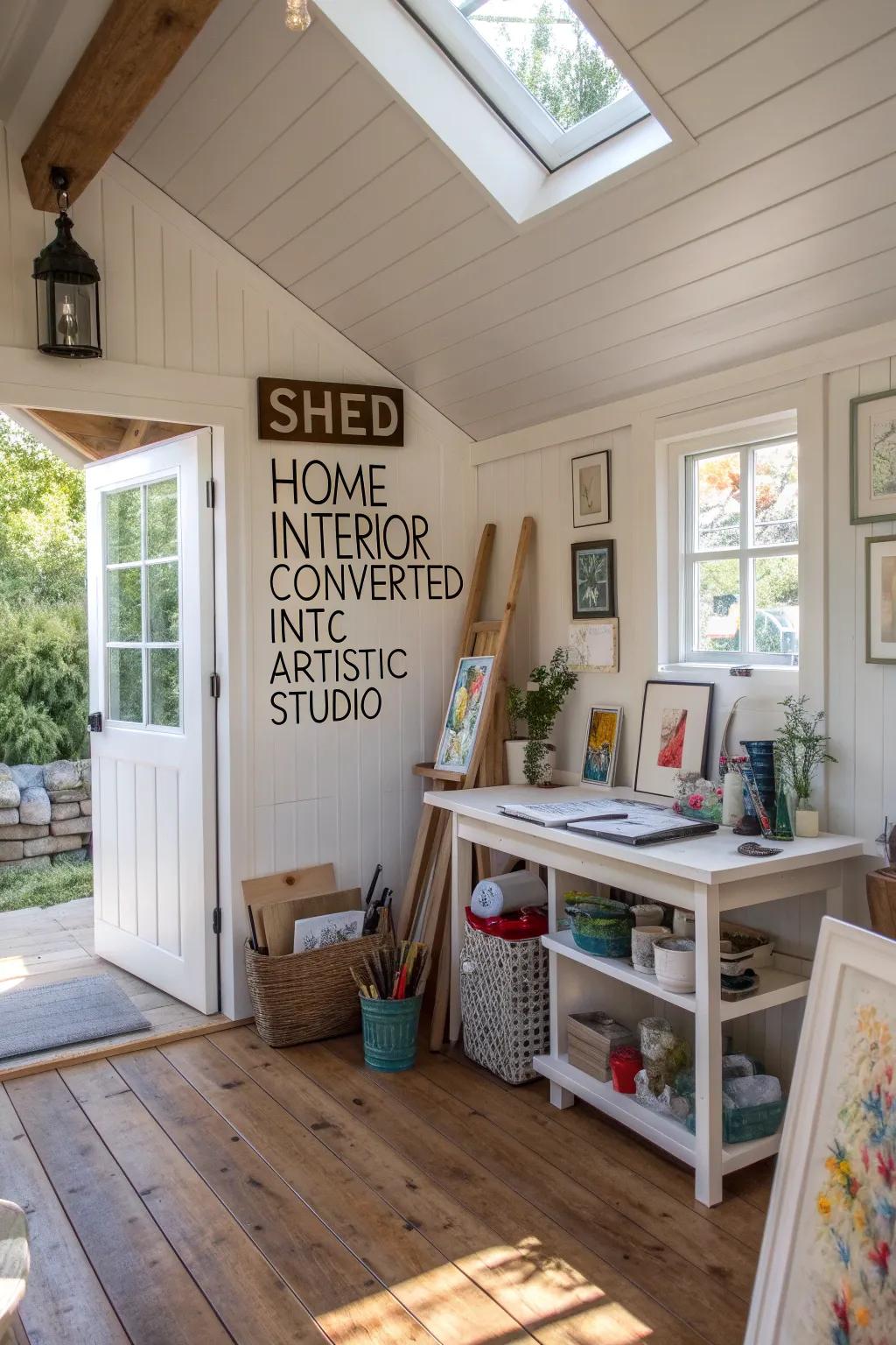 A shed home interior transformed into an artistic studio retreat.