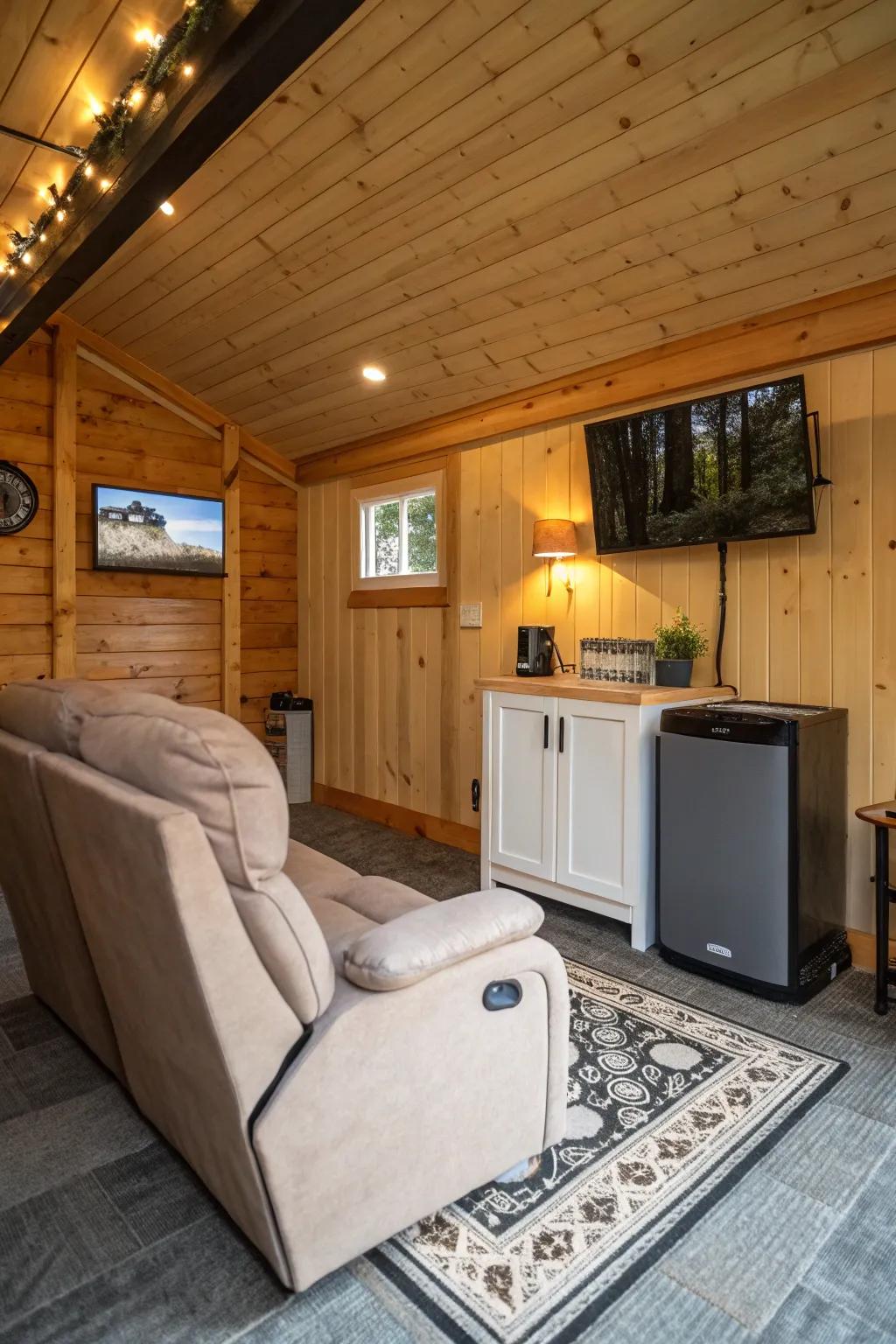 A shed converted into a personal man cave retreat.