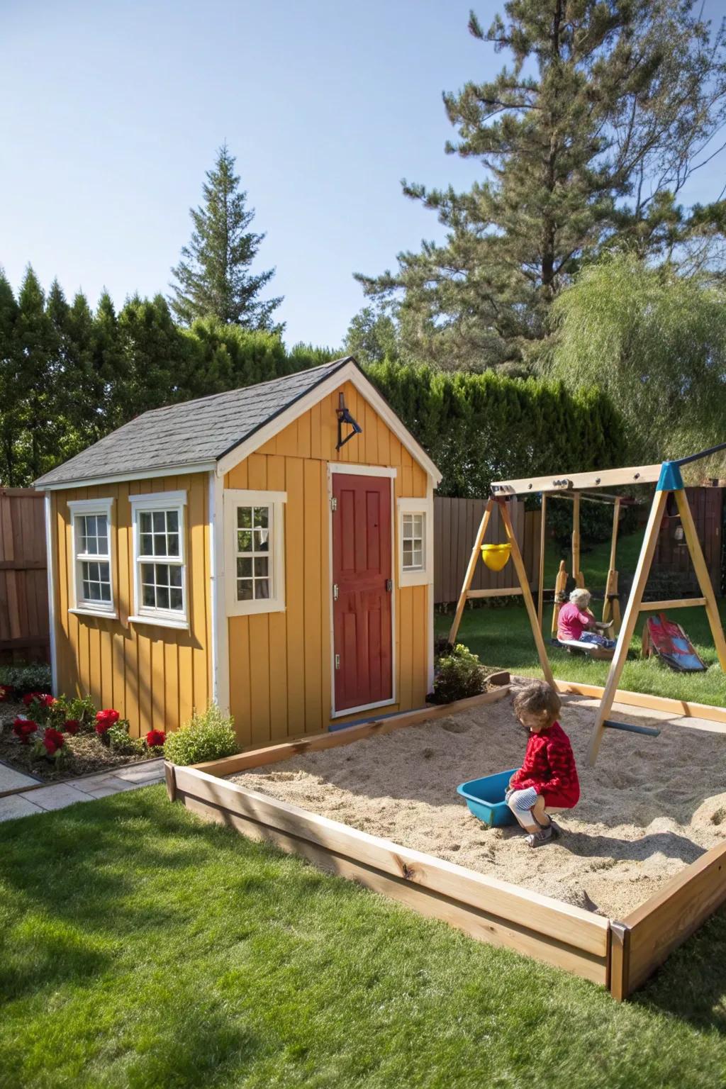 A shed doubles as storage and a playful hideaway for kids.