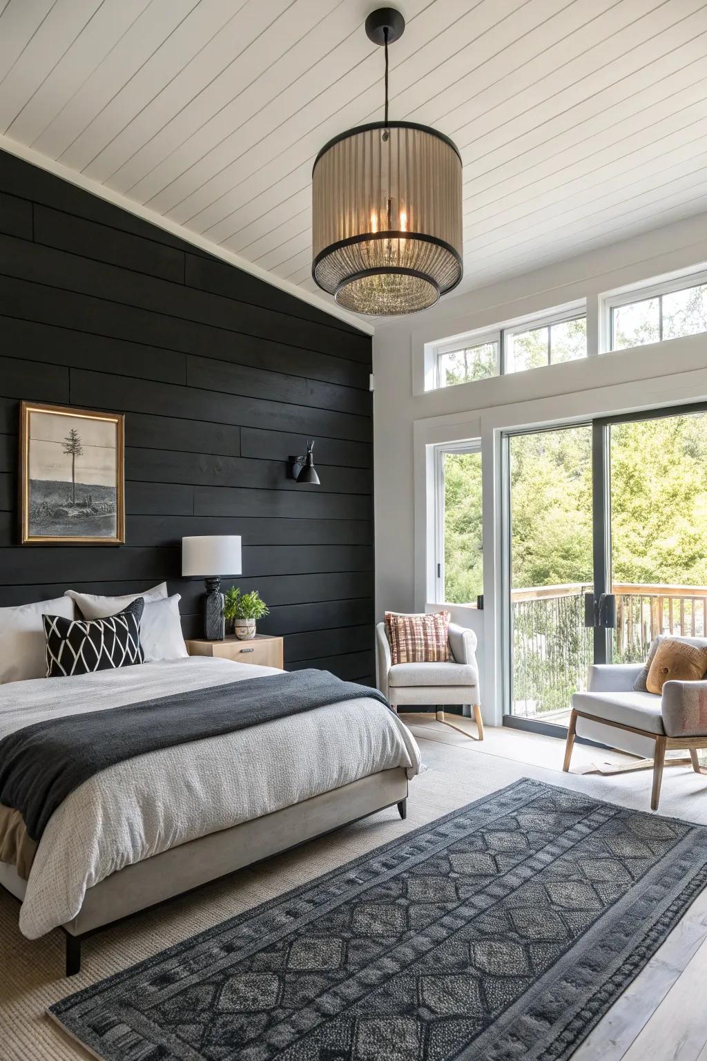 A plank wall in black delivers drama and sophistication.